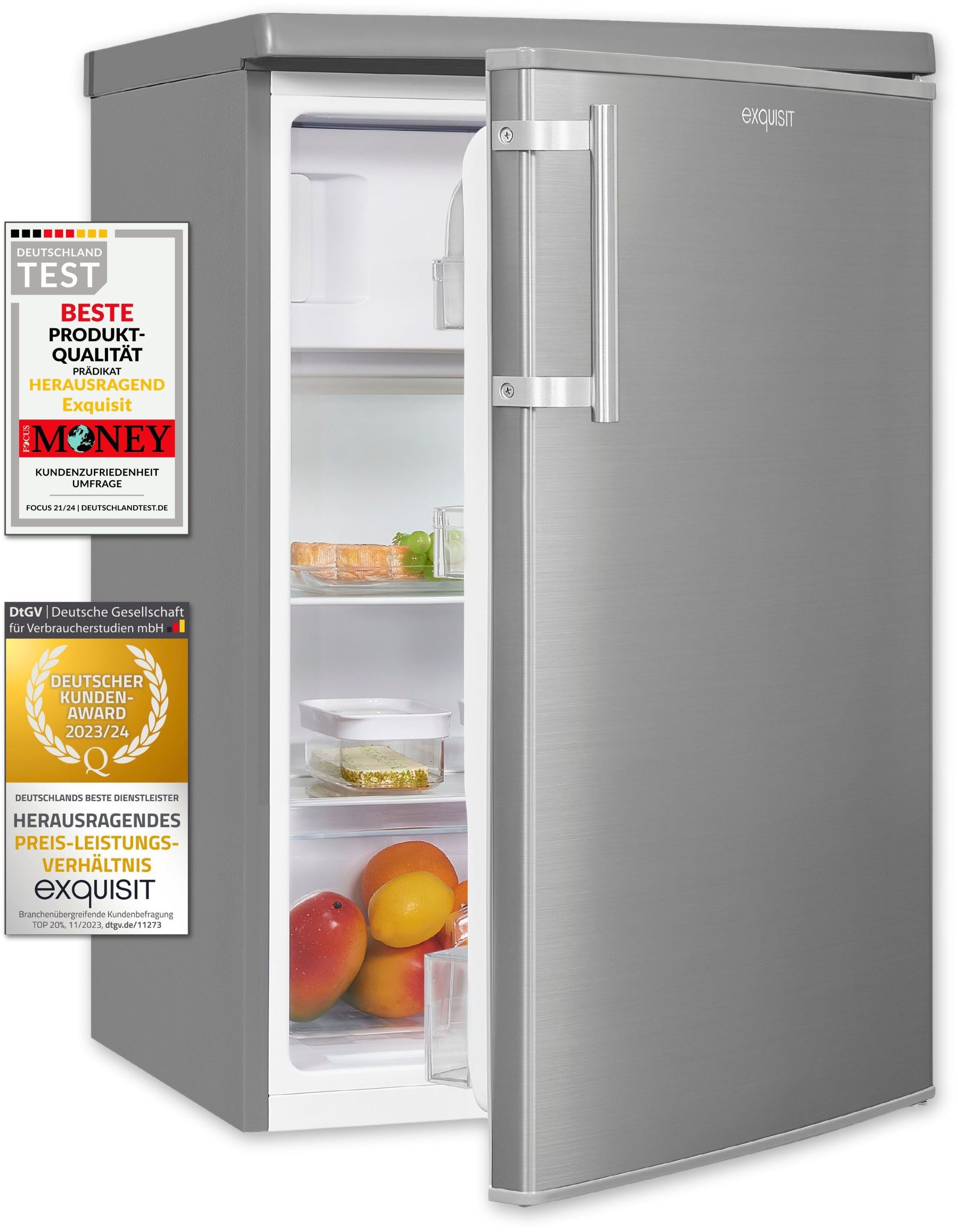 exquisit Kühlschrank KS16-4-HE-040E inoxlook, 85,5 cm hoch, 55 cm breit, Platzsparend & praktisch: 109 L Mini-Kombi mit Gefrierfach