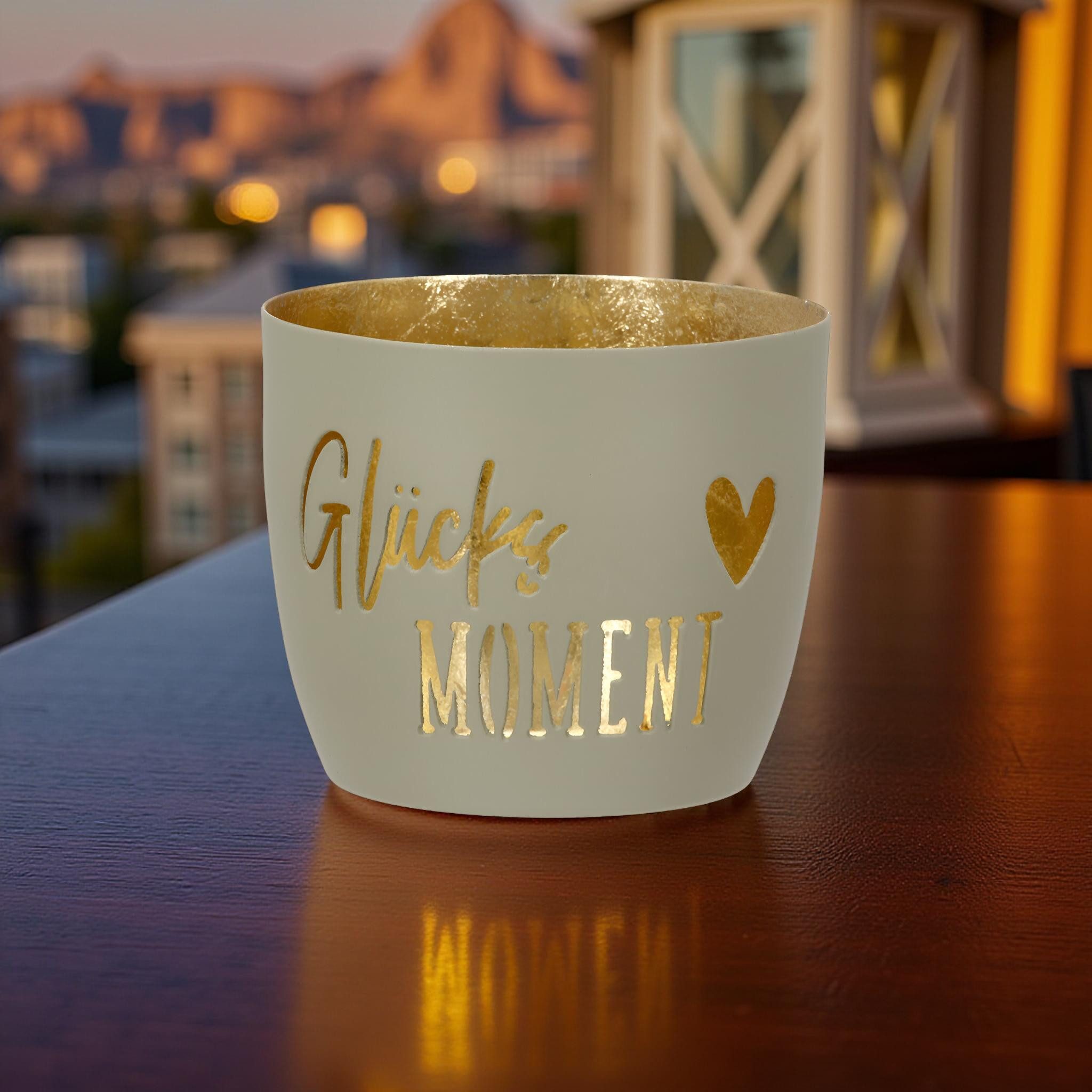 GILDE Teelichthalter Windlicht Glücksmoment 8.5 cm creme (Einzelartikel, 1 St)