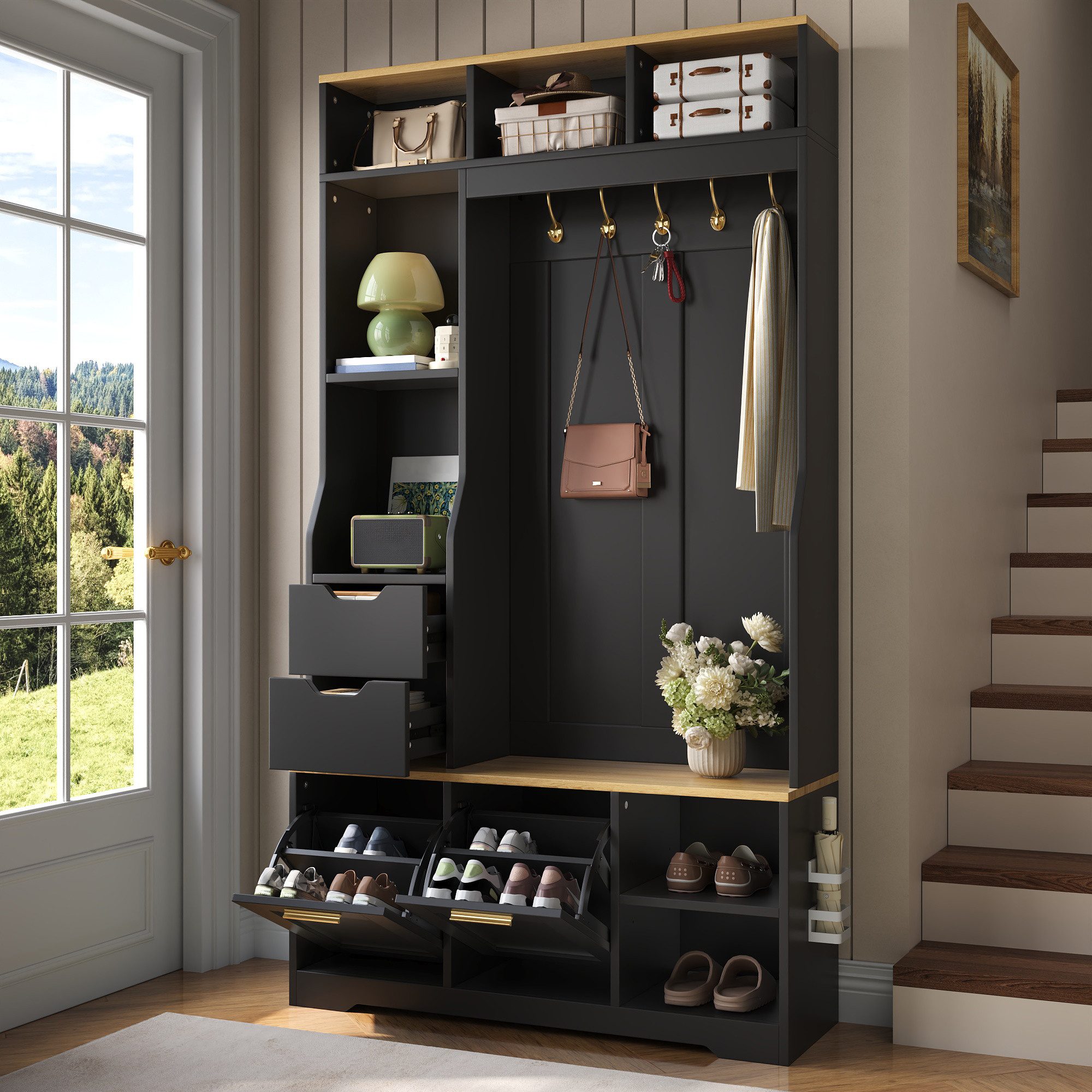 Merax Garderoben-Set mit LED-Beleuchtung, Sitzbank, Schuhschrank & Regenschirmhalter, (Eingangsbereich Flurgarderobe Flurmöbel-Set, 1-St., 100 x 32 x 186 cm), m – Bild 4 von 5