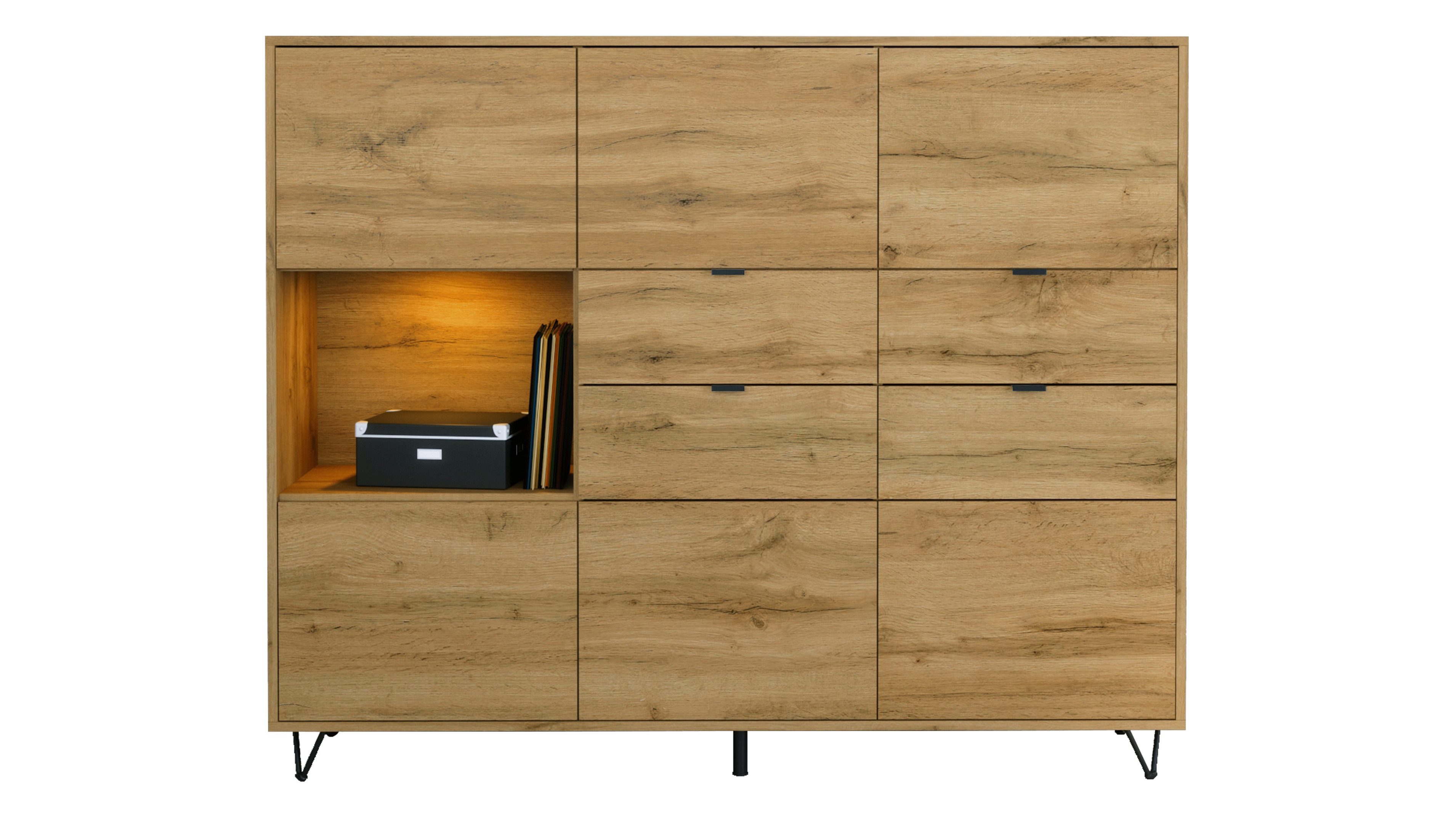 Vladon Highboard Marino (Highboard mit 6 Türen Eiche Evoke, 4 Schubladen Eiche Evoke, inkl. LED, Made in Germany), Korpus Eiche Evoke (152,5 x 125,5 x 37 cm)