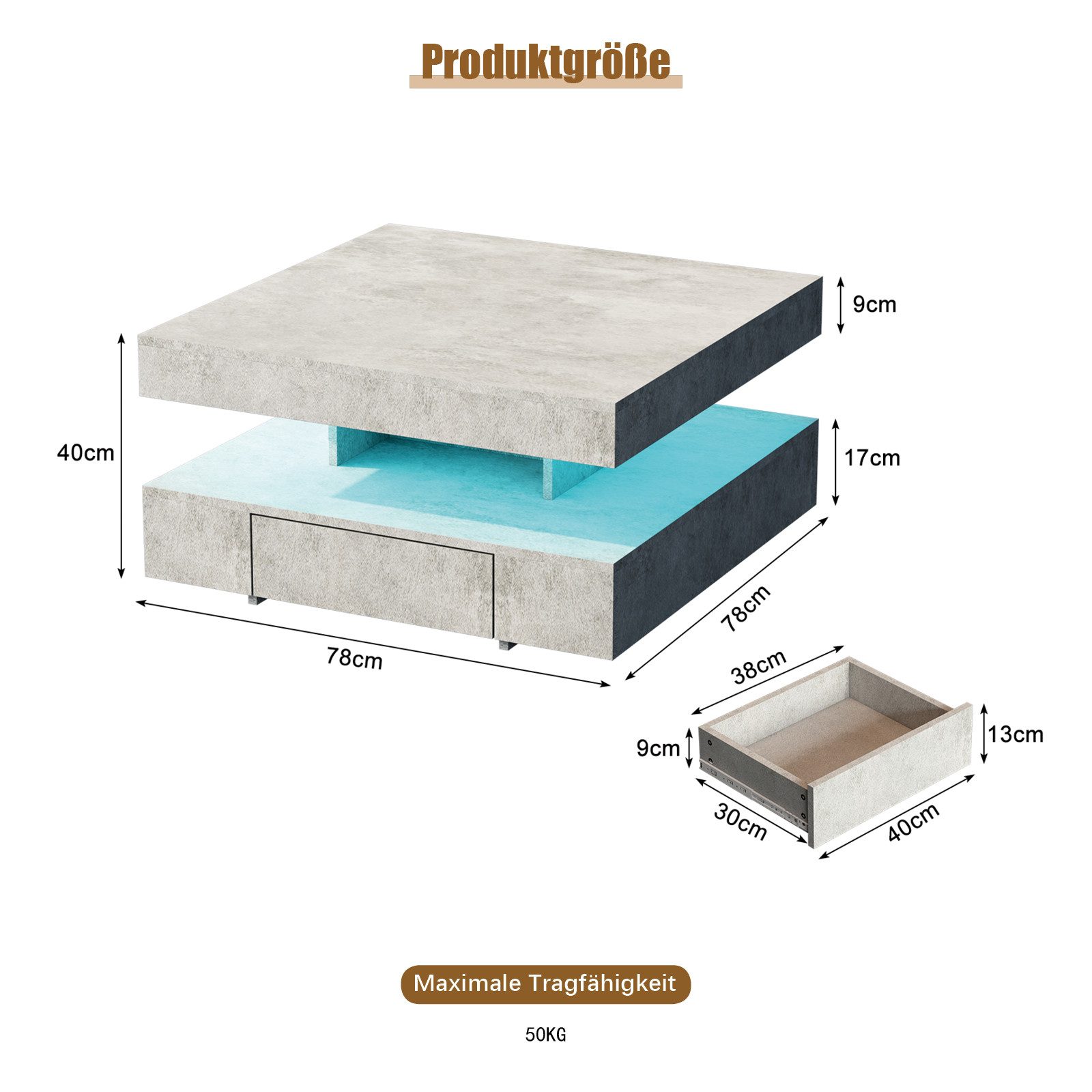 radelldar Couchtisch mit 2 Schubladen, LED&Fernsteuerung matt 78x78x40cm (1 günstig online kaufen