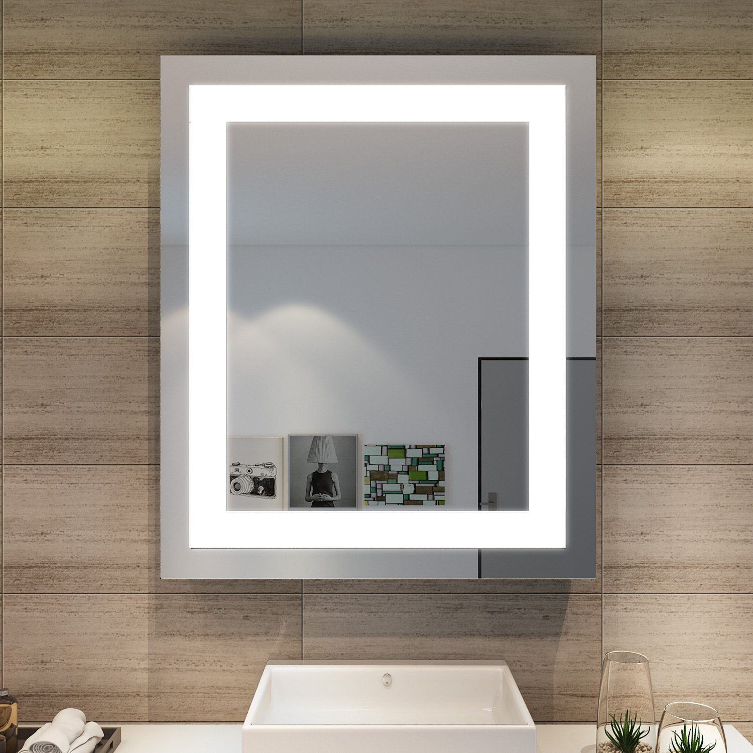 SONNI Schminkspiegel Badspiegel mit LED Beleuchtung 60 cm Wandspiegel kaltweiß IP44, energiesparend, Lichtspiegel, Badezimmerspiegel, Schminkspiegel