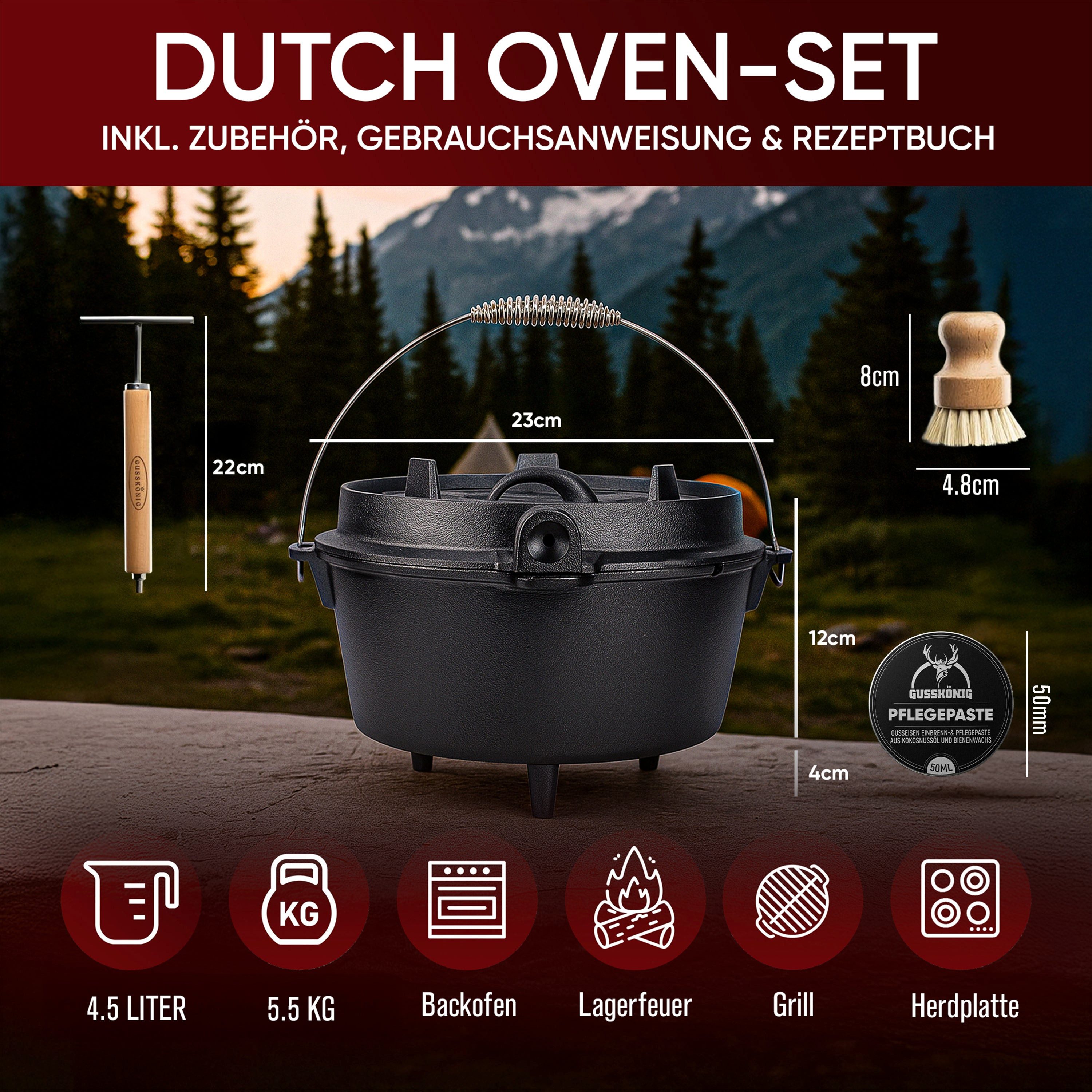 GUSSKÖNIG Schmortopf GUSSKÖNIG Dutch Oven Topf mit Füßen 4,5L+Pflegepaste