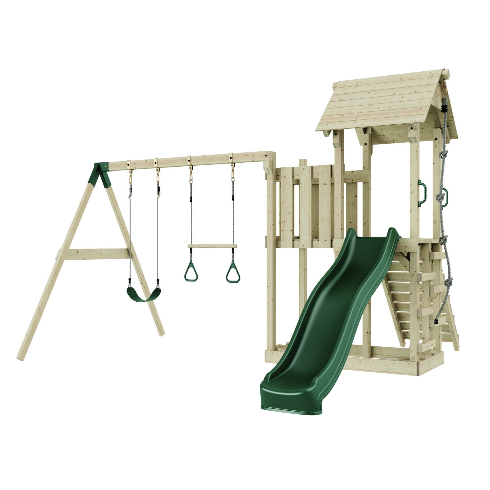 OutdoorToys Spielturm Uppsala aus Holz in Dunkelgrün mit Trapezstange & Rutsche, aus Holz in Dunkelgrün mit Trapezstange & Rutsche