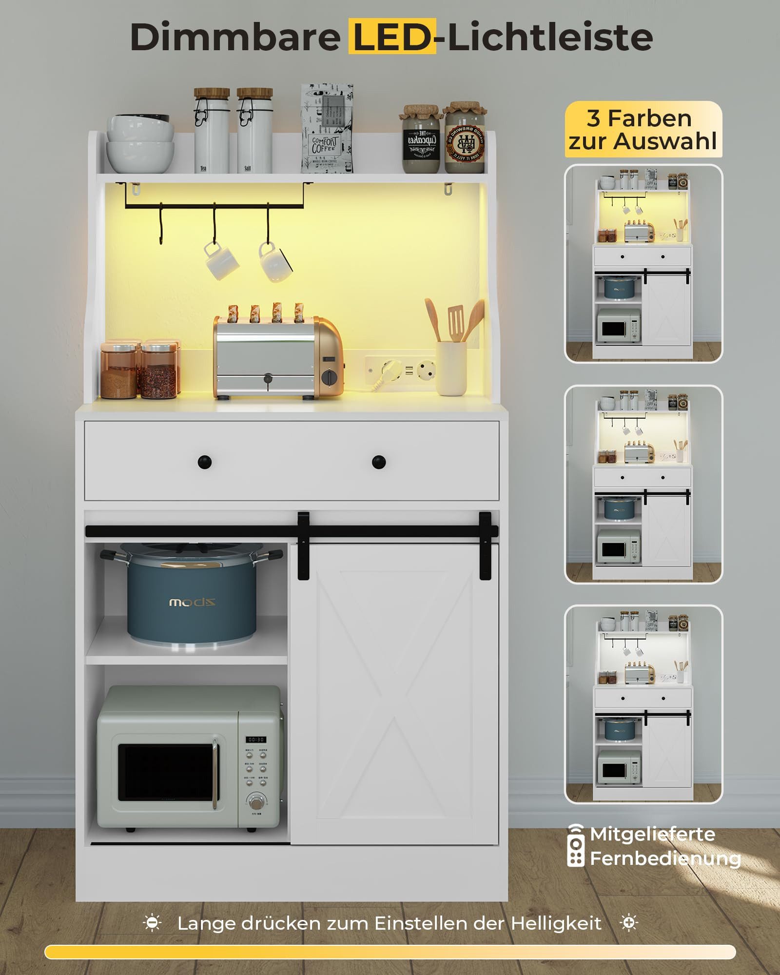 MSMASK Sideboard Küchenschrank Mehrzweckschrank mit LED und Steckdose, mit Große Schublade, 3 Hakens, Verstellbaren Ablagen, 70 *40 *134 cm