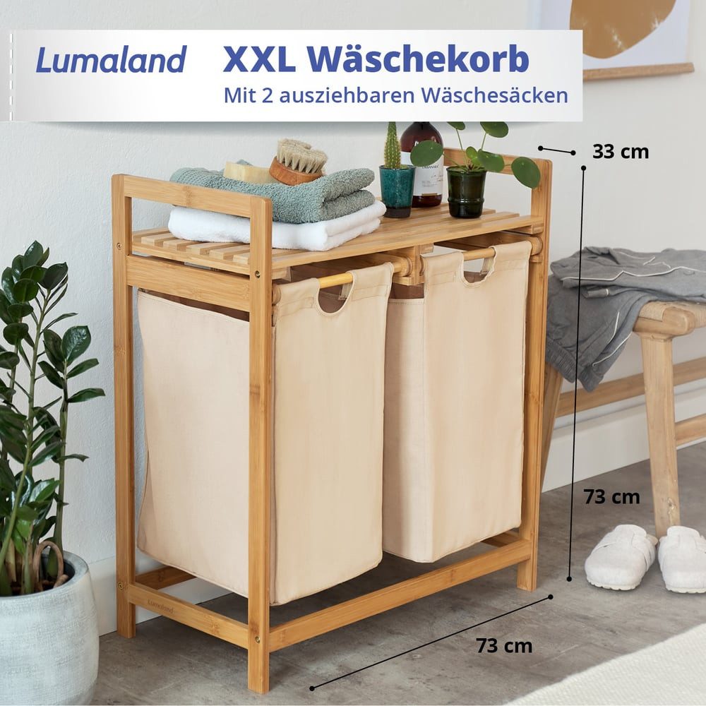Lumaland Ausziehwäschekorb Bambus mit 2 ausziehbaren Wäschesäcken 73x64x33c günstig online kaufen