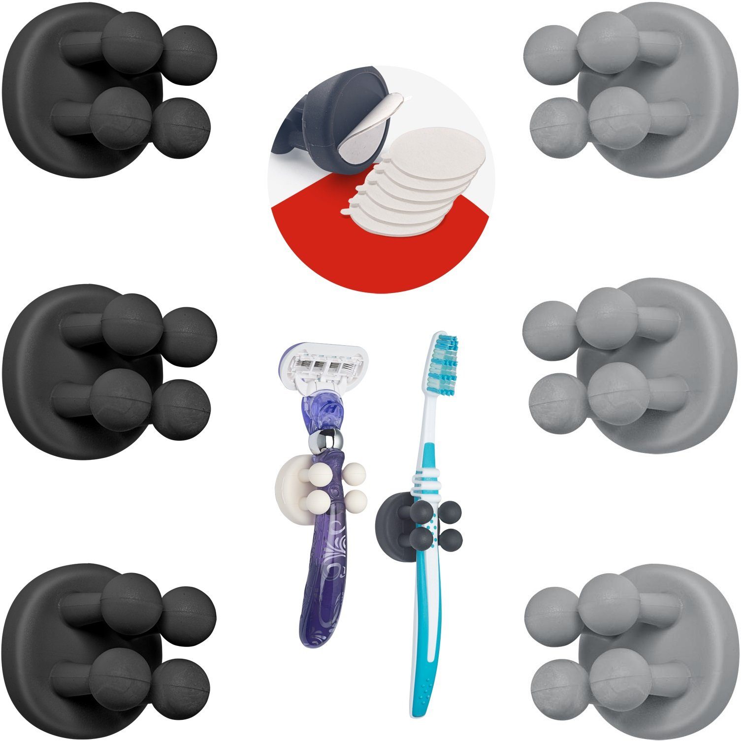 TECBULL Zahnbürstenhalter "FUNNY HOOKS" mit Ersatzklebepads, Zahnbürsten Halter, Rasierhalter, (6-St), Rasierhalter Dusche, Rasier Ständer, Rasierer Halter Bad