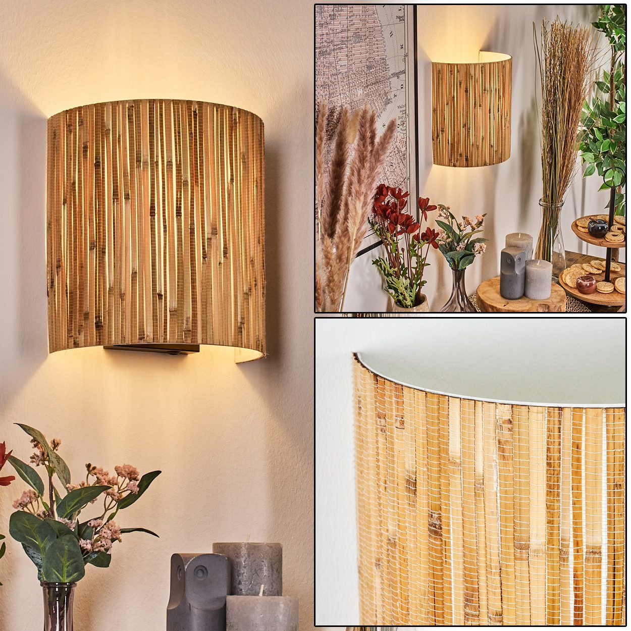 hofstein Wandleuchte Wandlampe aus Metall/Bambus in Schwarz/Natur mit Lichteffekt, Wandleuchte Boho-Design, Stecker u. Schalter, abnehmbares Kabel, E27