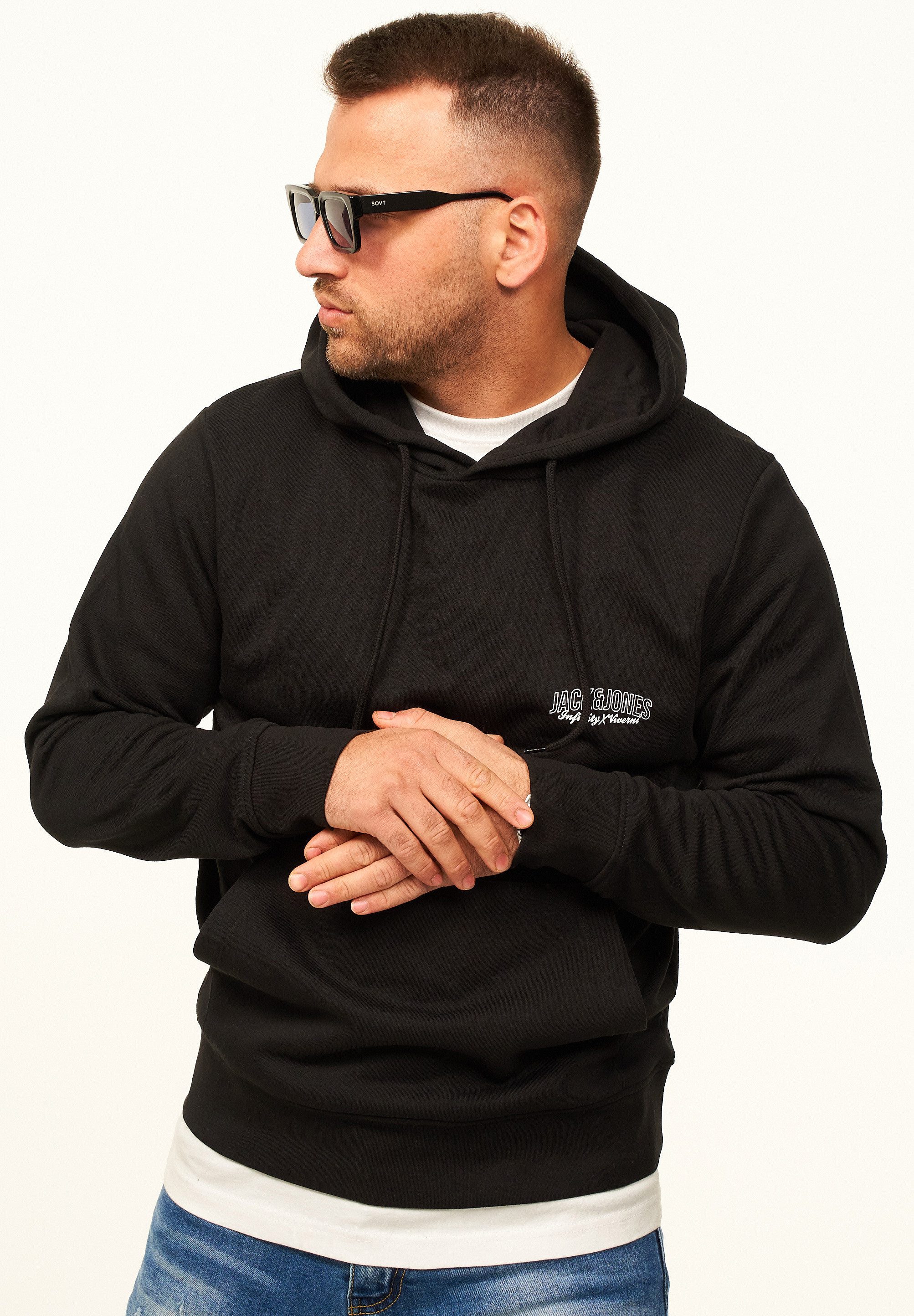Jack & Jones Hoodie Pullover als Kapuzenpullover im Regular Fit - Sweatshirt für Herren Männer Sweatpullover mit Logo-Print aus Baumwollmischung