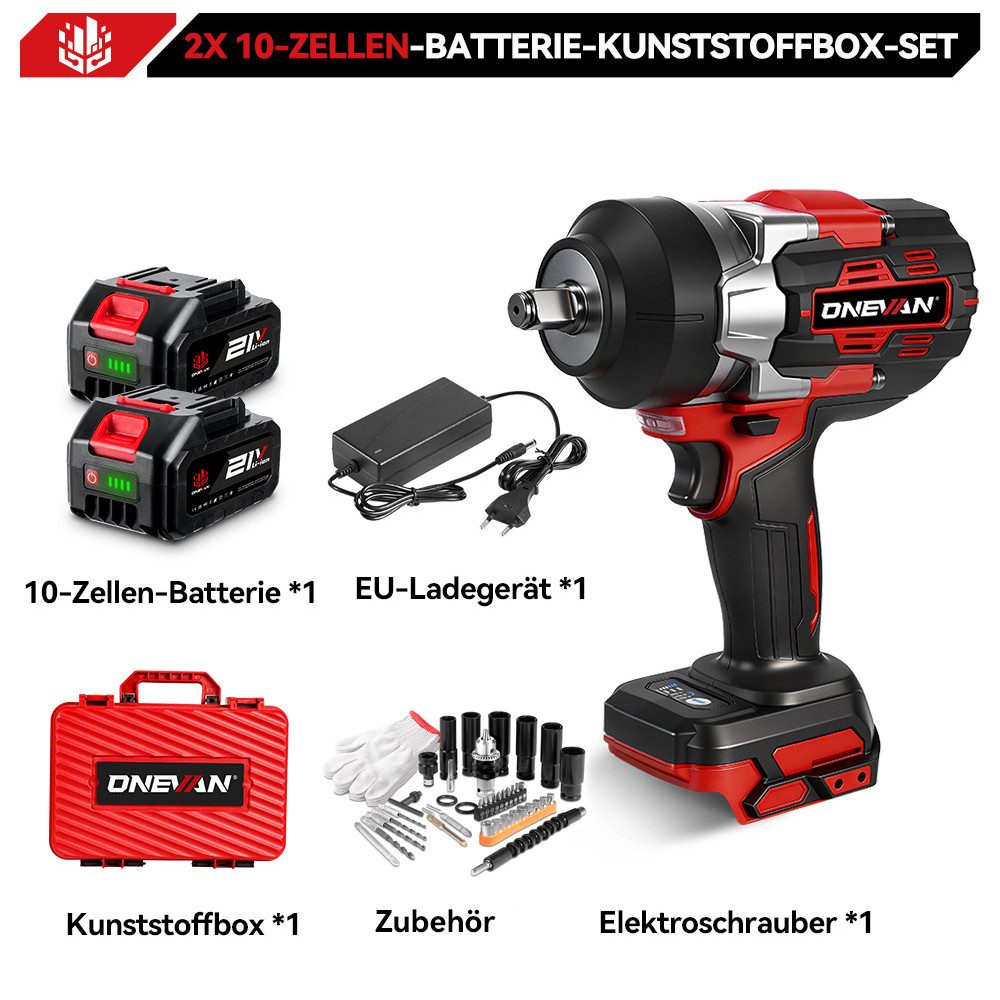 ONEVAN Akku-Schlagschrauber 2800Nm Akku-Schlagschrauber, 1/2 Zoll, 2x Akku, 44x Zubehör, 8000 U/min