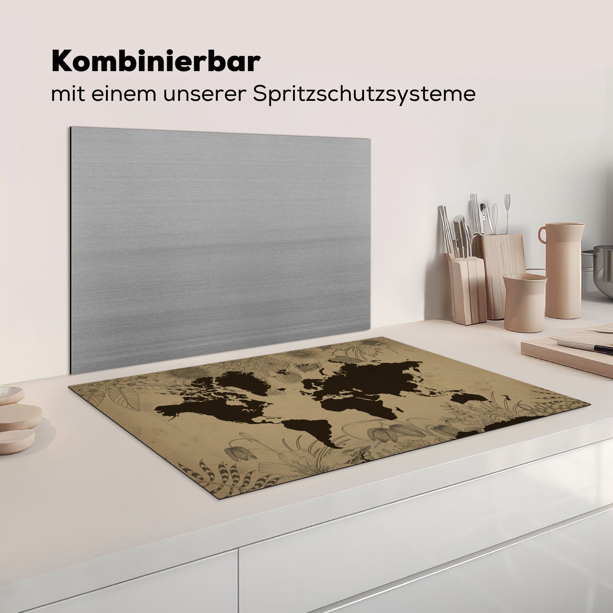 Ceranfeldabdeckung Schwarz, Vintage die (1 81x52 Weltkarte küche, Schutz tlg), - Induktionskochfeld Vinyl, MuchoWow Herdblende-/Abdeckplatte - cm, für