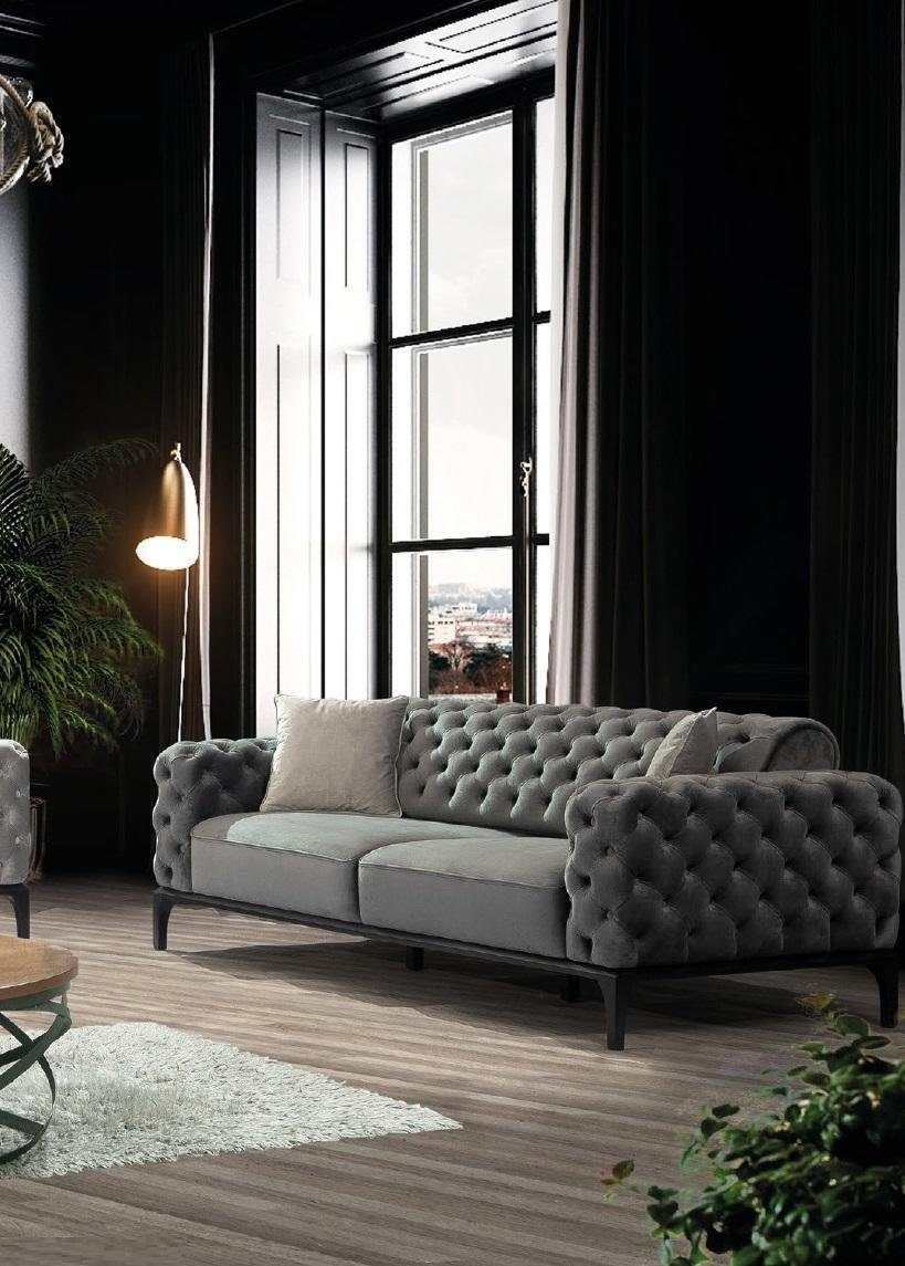 Teile, 1 Dreisitzer Sofa 3 Chesterfield, Made JVmoebel Wohnzimmer Sofa Stoff Grau Sitzer Sofas Europe in