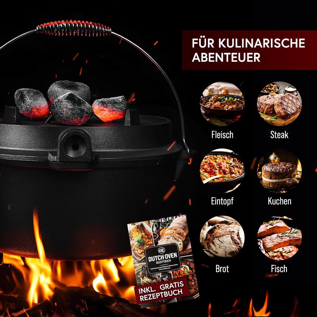 GUSSKÖNIG Schmortopf Dutch Oven Set 9 Liter ohne Füßen 2in1 Deckelheber Bürste Rezeptbuch
