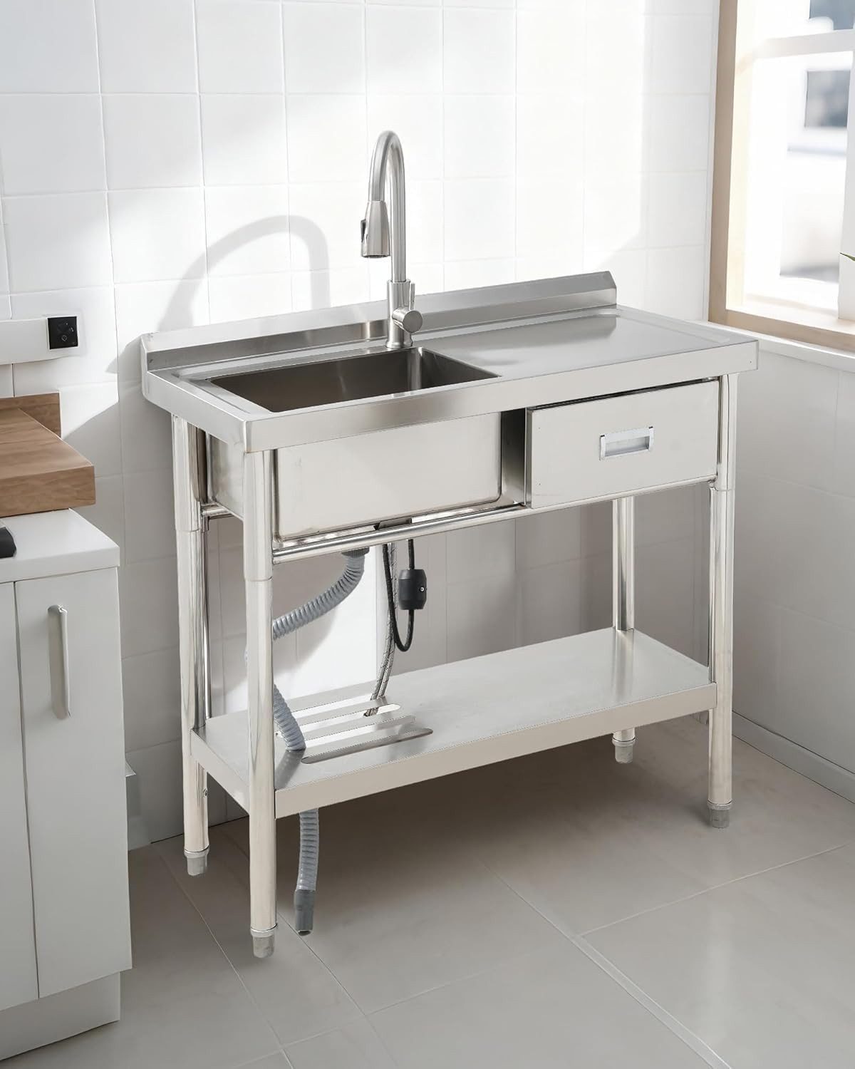 GarveeMore Waschbecken 304 Edelstahl-Spülenblock mit Schublade, 100 × 50 × 95 cm, Silber, 1 Becken & 1 Abtropffläche, ausziehbare Brause (Mitte)