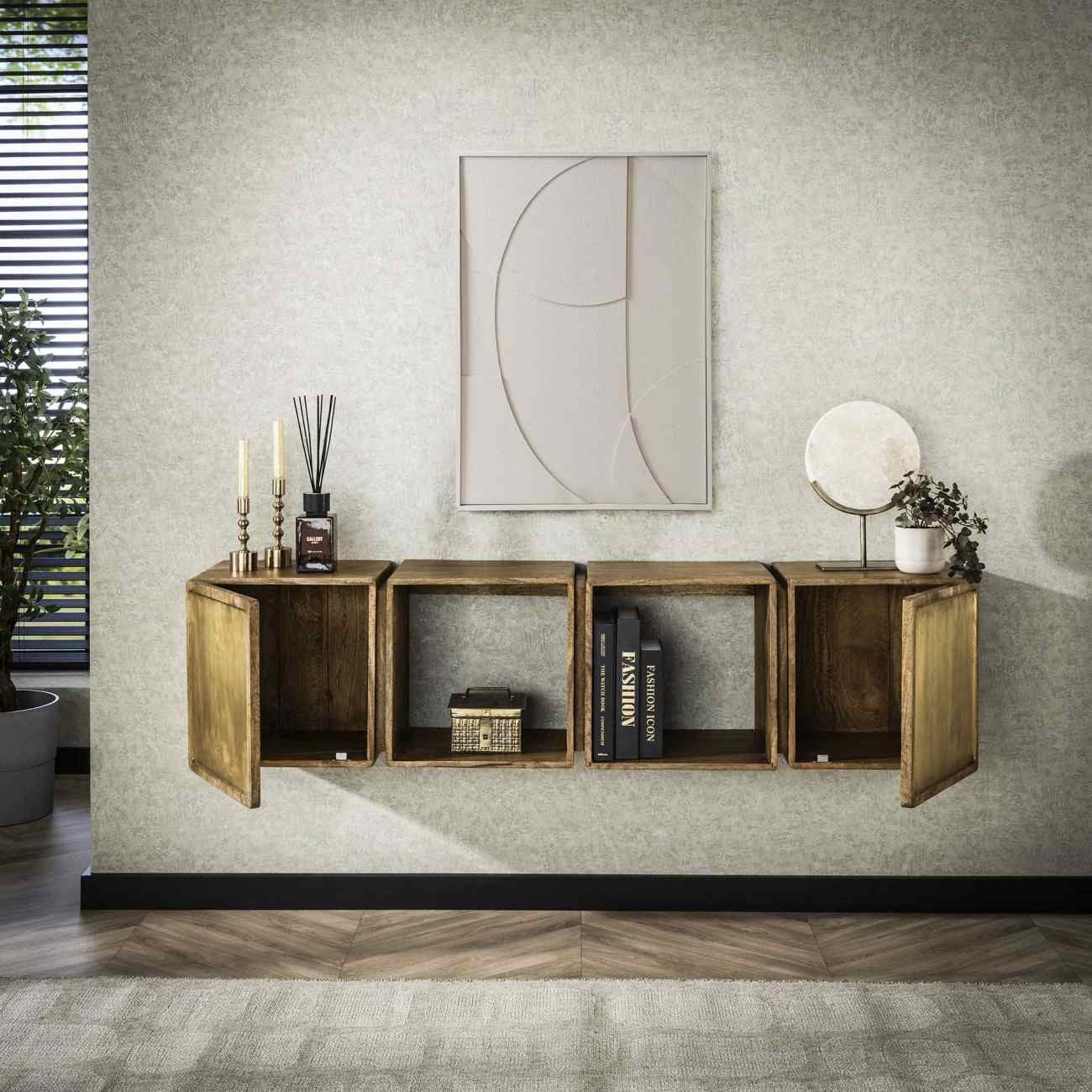 Feeling4Home TV-Board Latona - Mangoholz massiv Braun mit Messingdekor, 170 cm, Schwebendes Design mit Schubladefront in Messingoptik