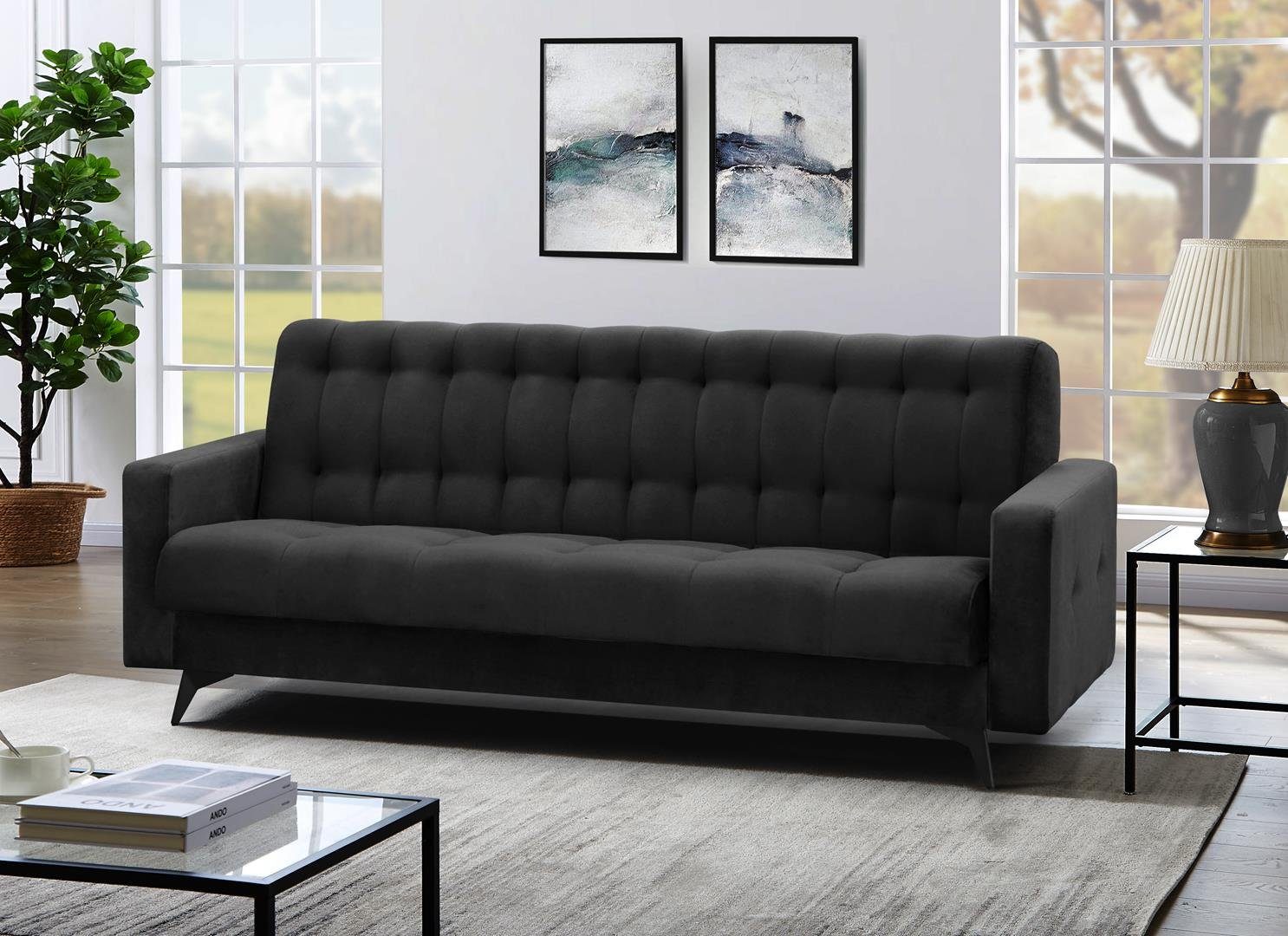 Sofa Polstersofa Couch GRETA Wohnzimmer, für Beautysofa Velour, Schwarz Schlafsofa BIS, Schlaffunktion, Bettkasten,