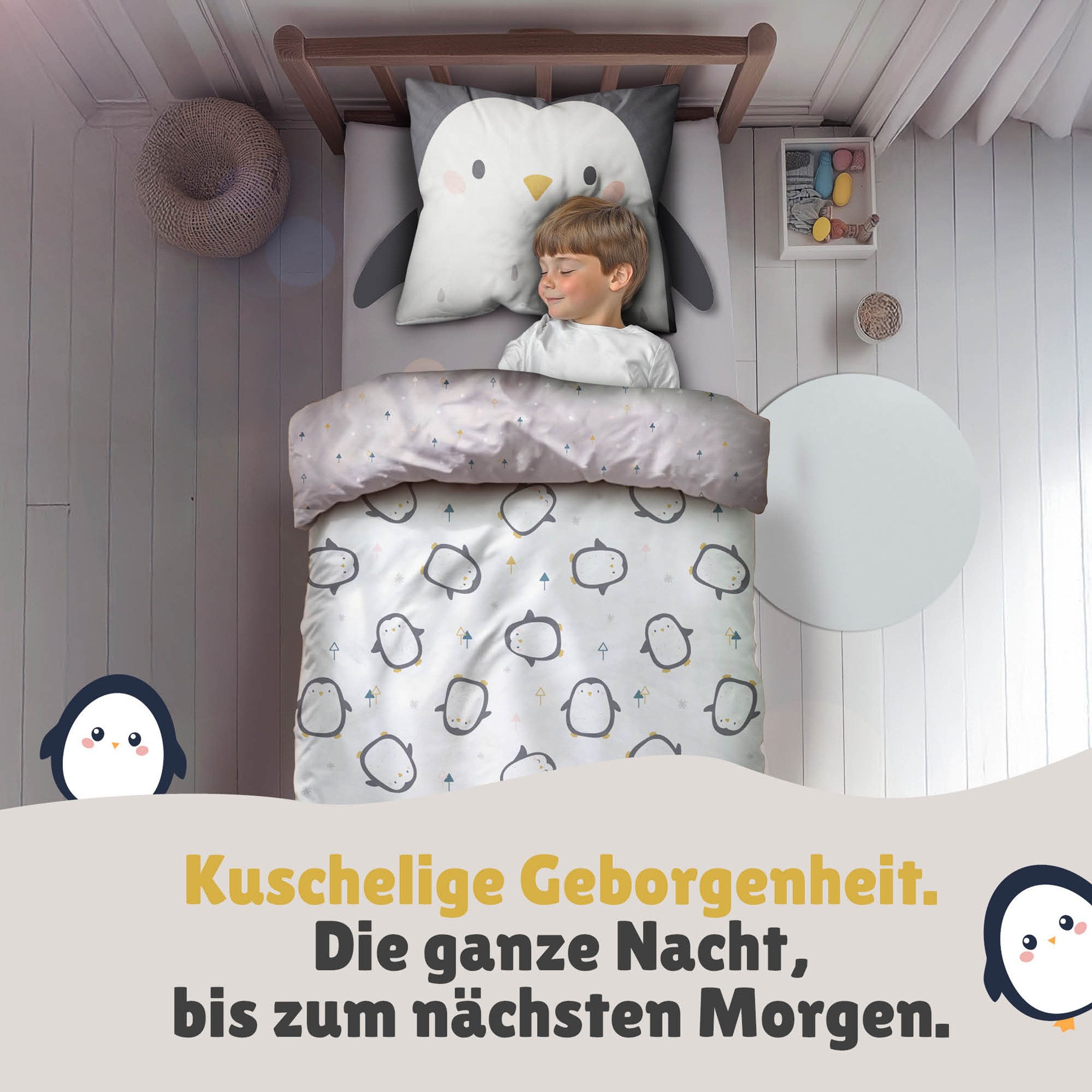 Familando Kinderbettwäsche Sweet Penguin 135x200 80x80 cm Bettwäsche Pinguin mit Flügel, Renforcé, 2 teilig, mit liebevollem Motiv & süßen Details für Mädchen und Jungen