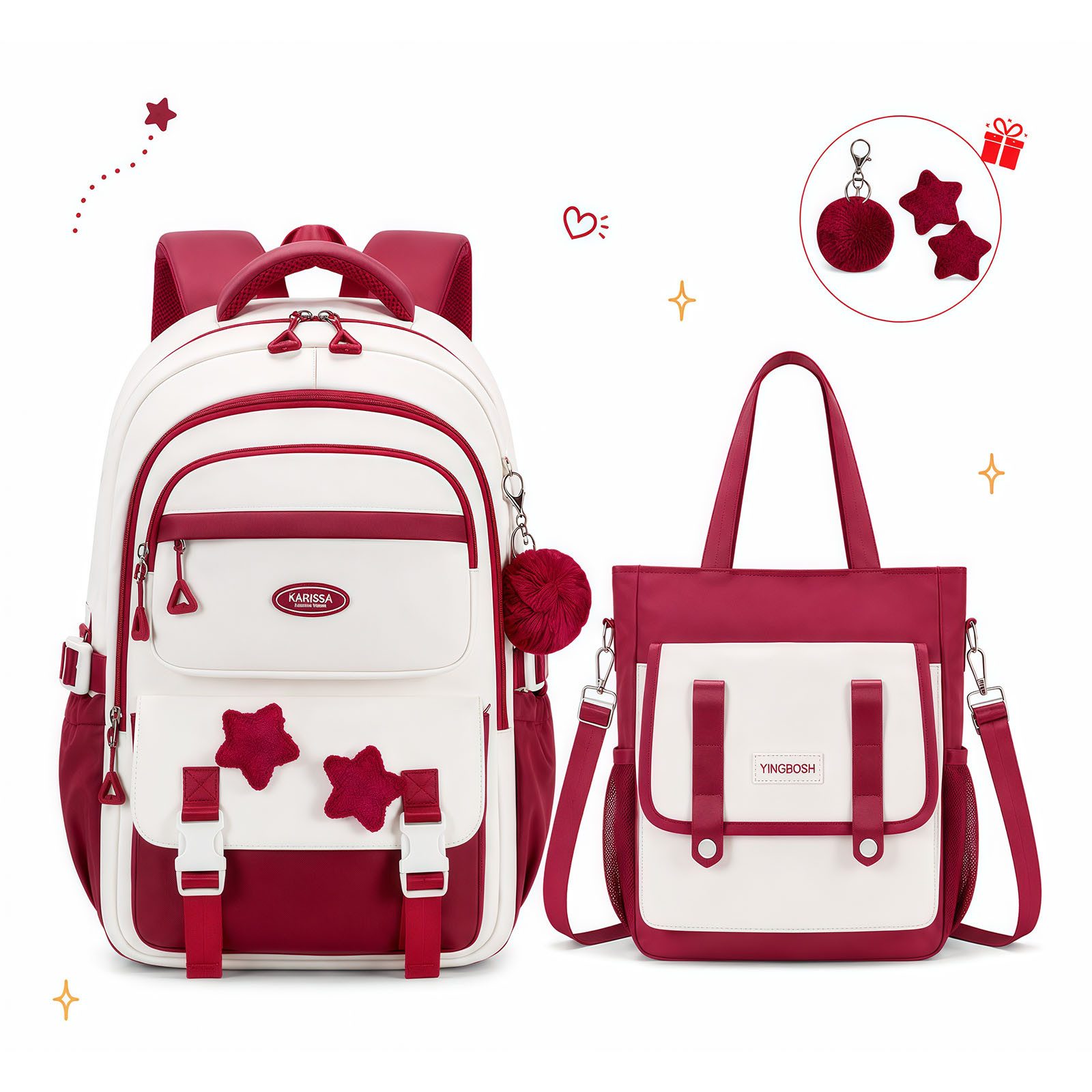 MOPUEA Schulrucksack Schulrucksack Mädchen, Großes Fassungsvermögen (Mit Trolleyband, Pom-Pom-Anhänger und Sternenabzeichen, Bequem, 2-tlg., Lässiger Rucksack für Teenager, Ideal für Schule, Schulstart), 2-teiliges Set mit Schulrucksack & Nachhilfebeutel