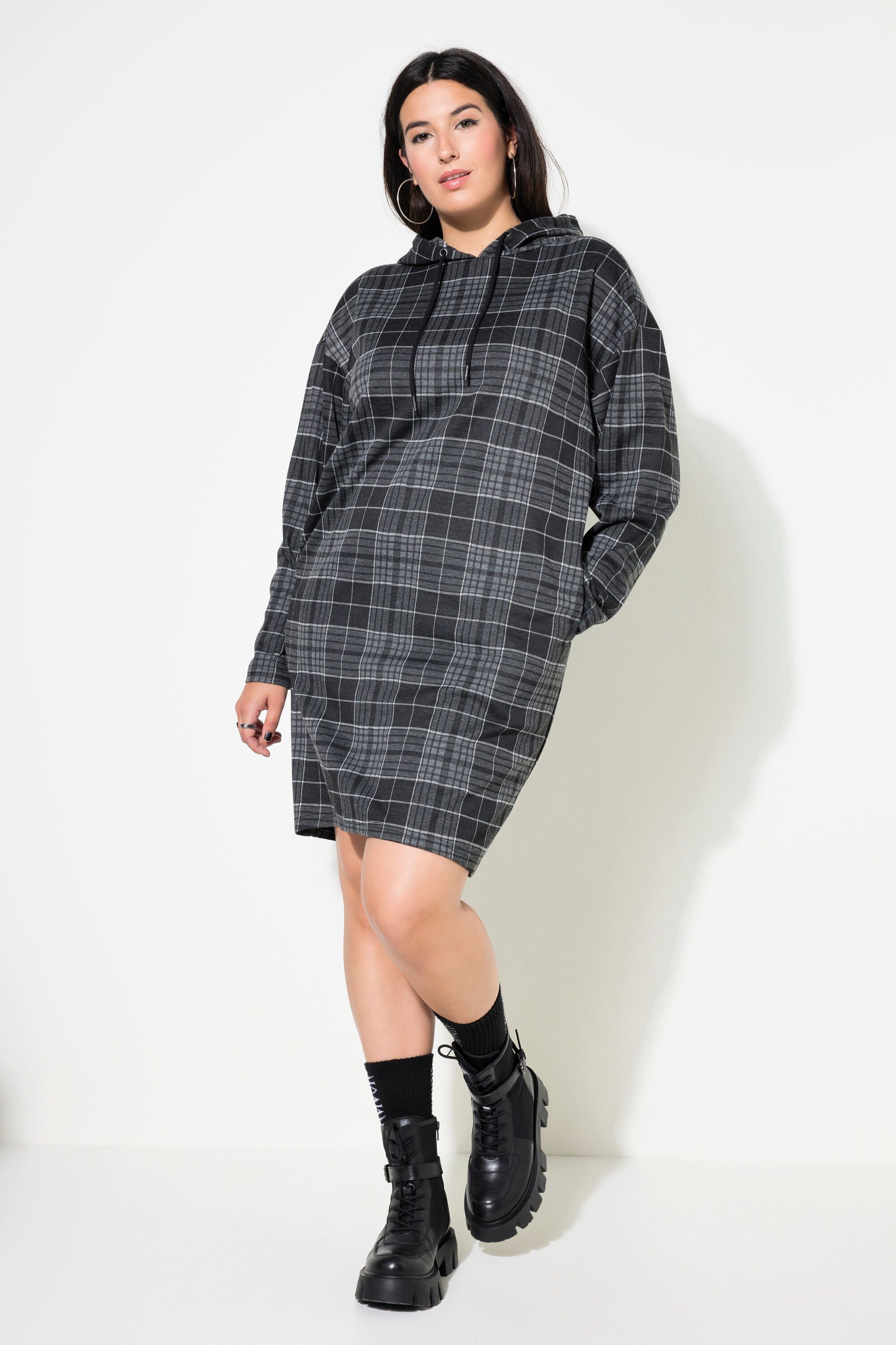 Jerseykleid Midikleid oversized Jersey Karo Kapuze Langarm