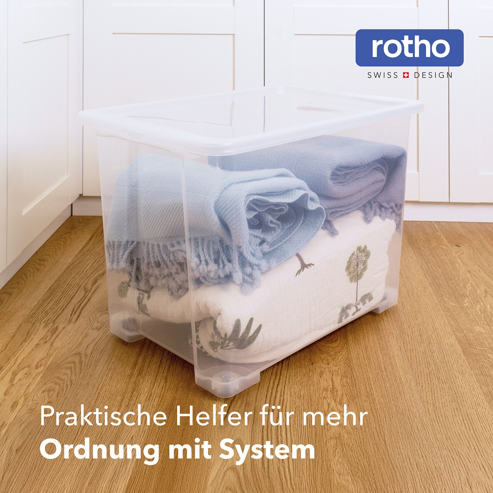 ROTHO Aufbewahrungsbox 4er-Set CORE BASIC 65L stapelbar transparente Box mit Deckel und Räder (Sichtboxen-Set, 4er-Set), Lagerbox ideal für Kleidung, Decken und große Haushaltsartikel