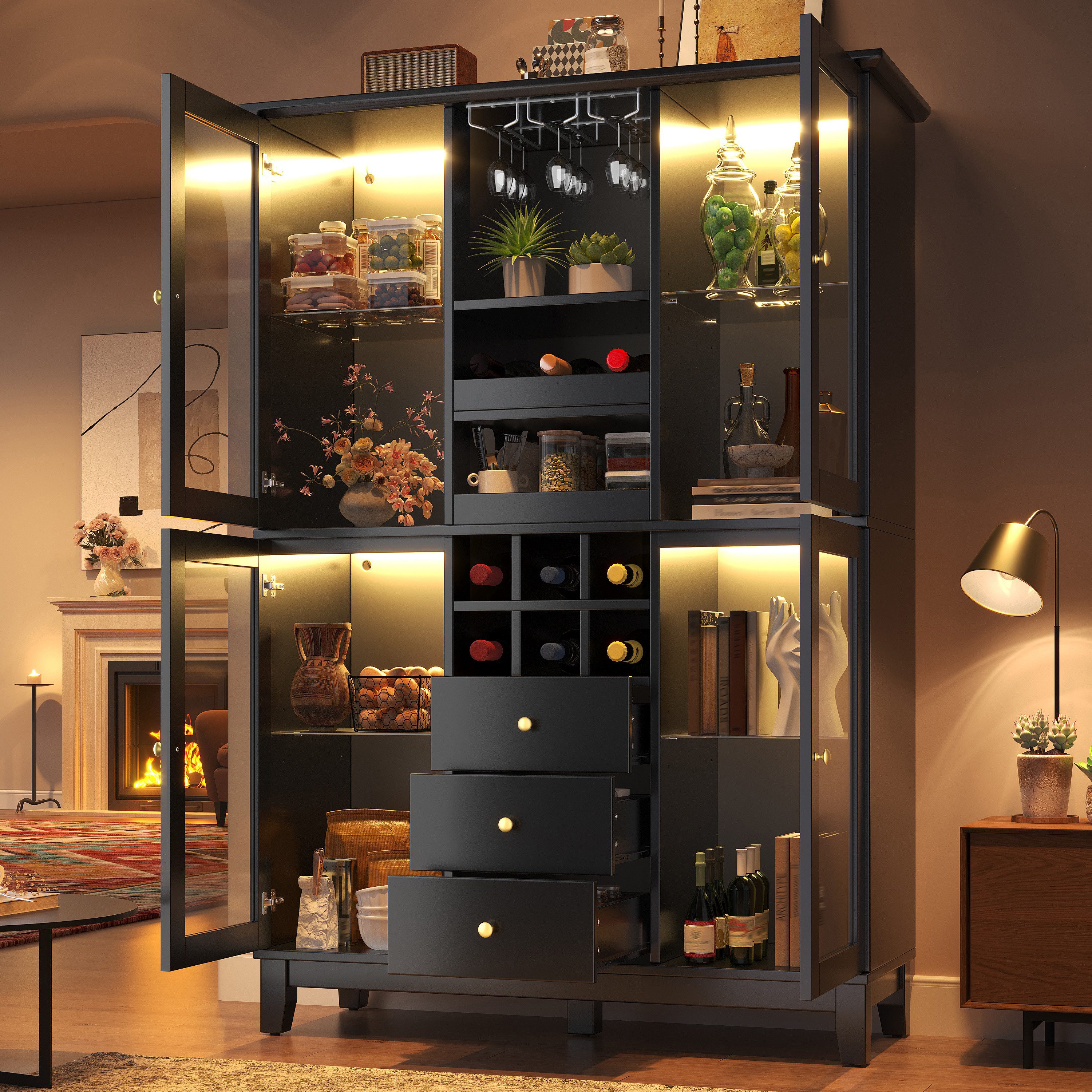 TavilaEcon Weinschrank mit App-gesteuerter LED-Beleuchtung & 3 Schubladen (1-St) mit Weinglas- & Flaschenhalter, Schwarz/Weiß