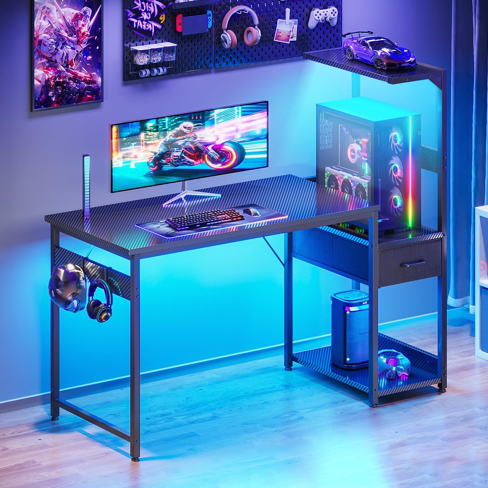 ODK Gamingtisch mit LED-Beleuchtung, Regal & Schublade in Carbon-Optik (1-St), 120 cm Computertisch & Schreibtisch