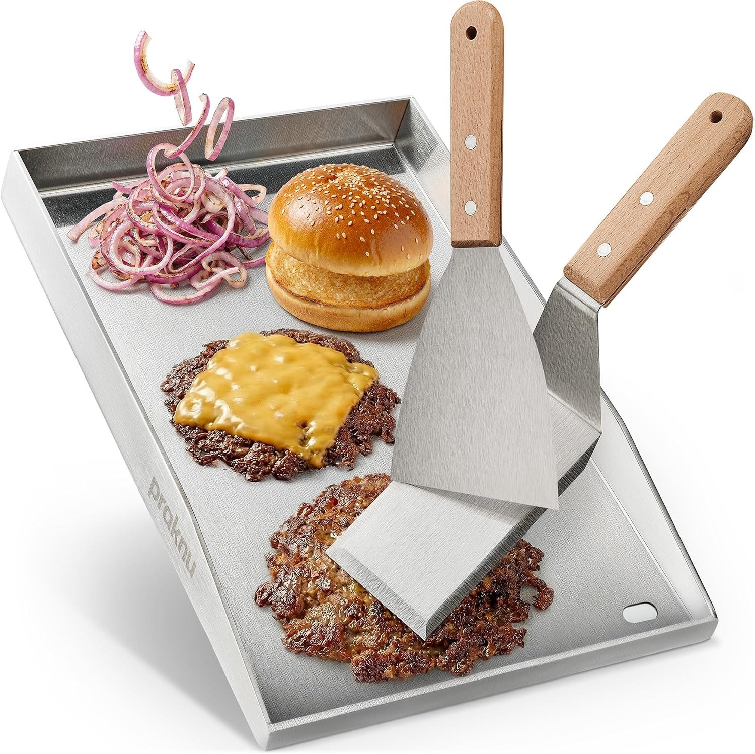 Praknu Grillplattenaufsatz Plancha Edelstahl 40x30cm – Teppanyaki, Fettablauf, 2 Grillspatel, Edelstahl, (Set mit Zubehör, Edelstahl-Plancha 40x30cm, 2 Spatel, Fettablauf, Gas-/Holzkohlegrill)