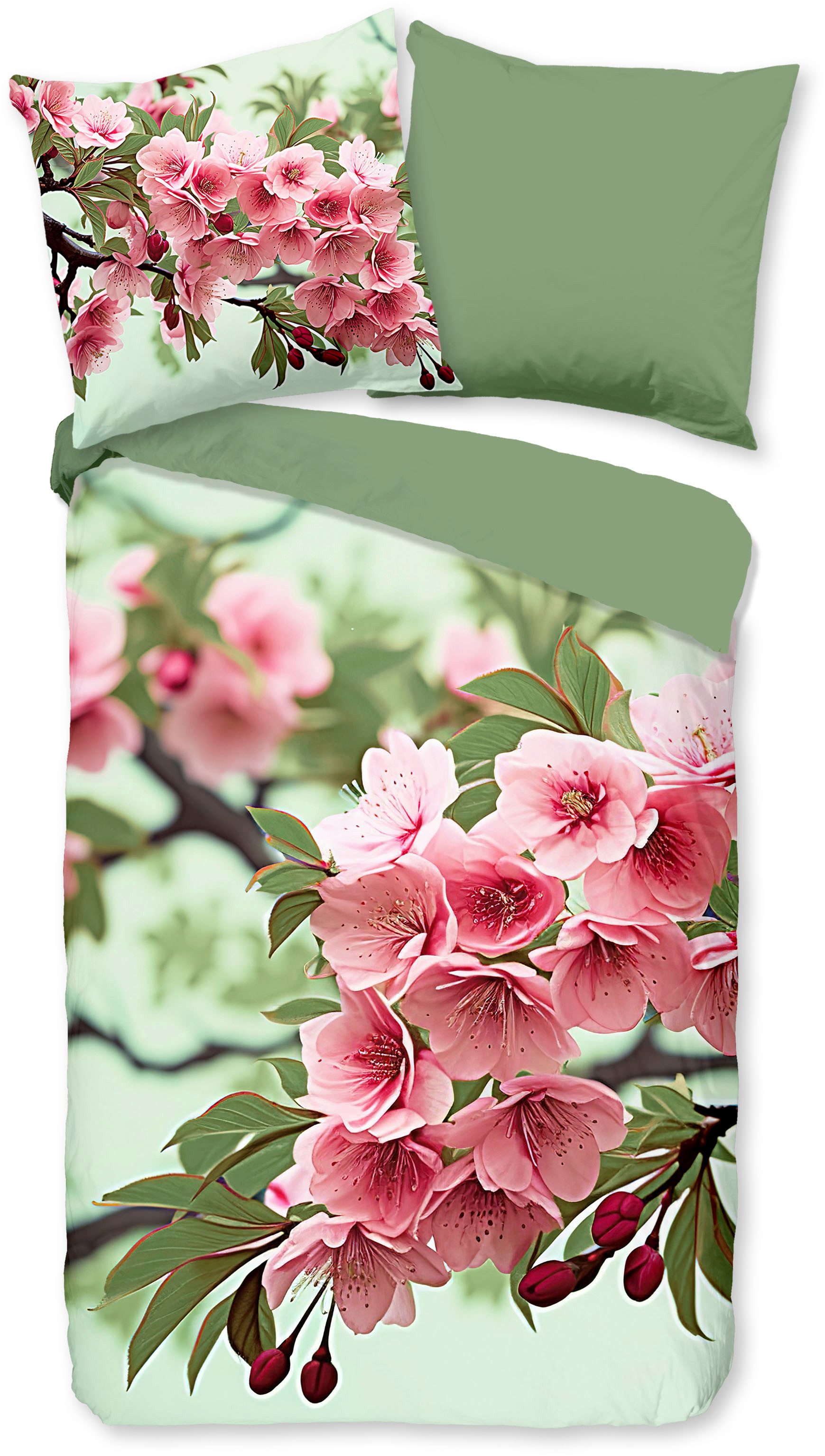 good morning Wendebettwäsche Lotti, Renforcé, 2 teilig, 100% Baumwolle, Renforcé, Reißverschluss, Wendeoptik, Blumen, grün