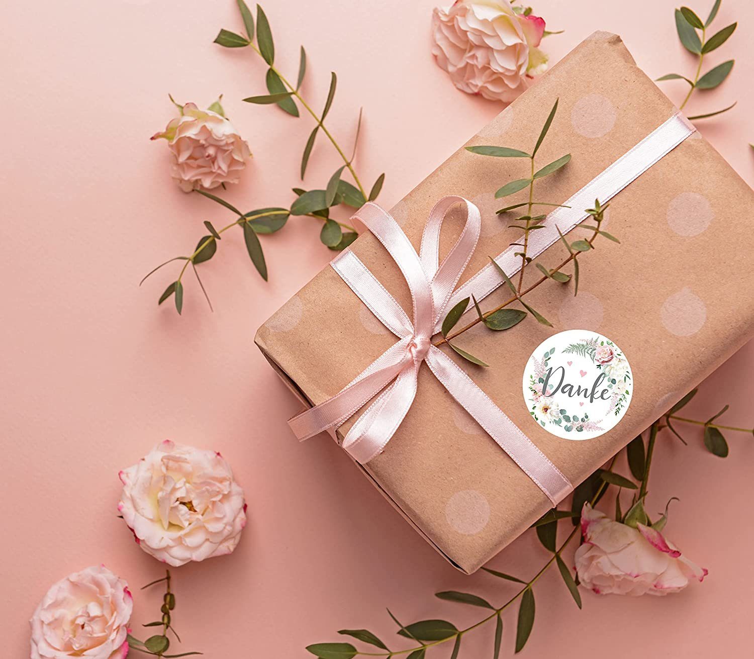 Clever-Kauf-24 Etiketten 48x Etiketten "Danke" rund Durchmesser 4cm mit floralem Kranz, rund