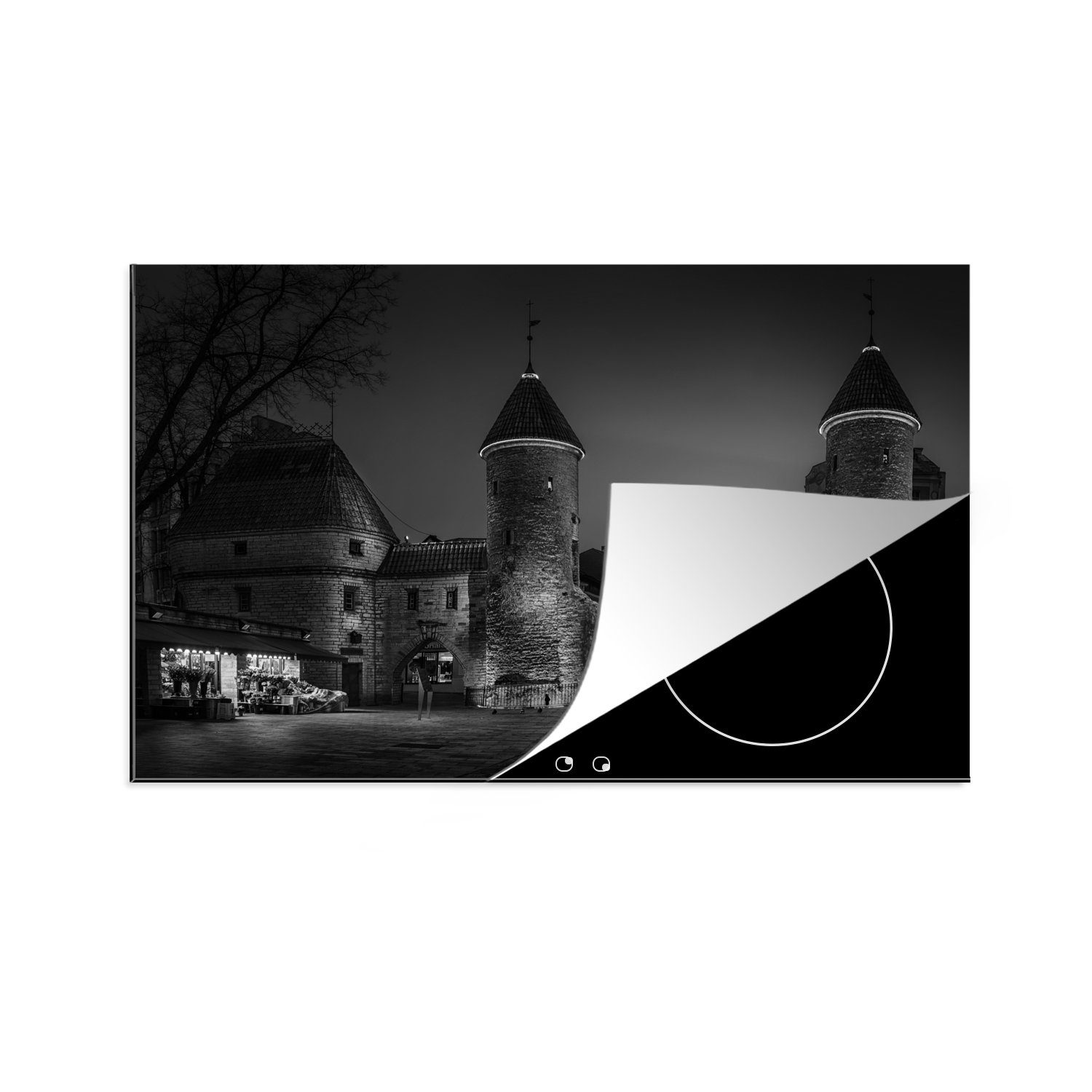MuchoWow Herdblende-/Abdeckplatte Estland - Hafen - Schwarz - Weiß, Vinyl, (1 tlg), 81x52 cm, Induktionskochfeld Schutz für die küche, Ceranfeldabdeckung