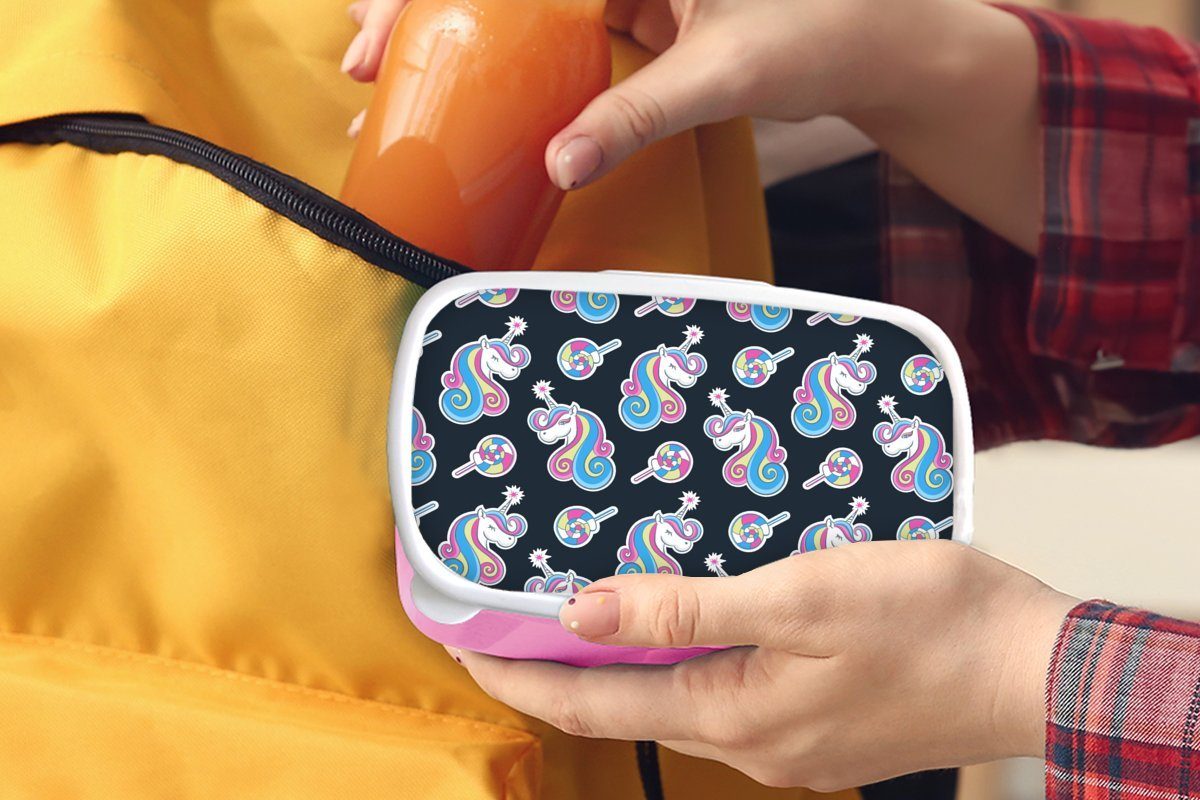 MuchoWow Lunchbox Mädchen - Kunststoff, Muster - Einhorn Snackbox, für Bonbons Kinder, -, Brotbox Erwachsene, Brotdose rosa Kunststoff Mädchen - Kinder - - Lutscher Mädchen, (2-tlg)