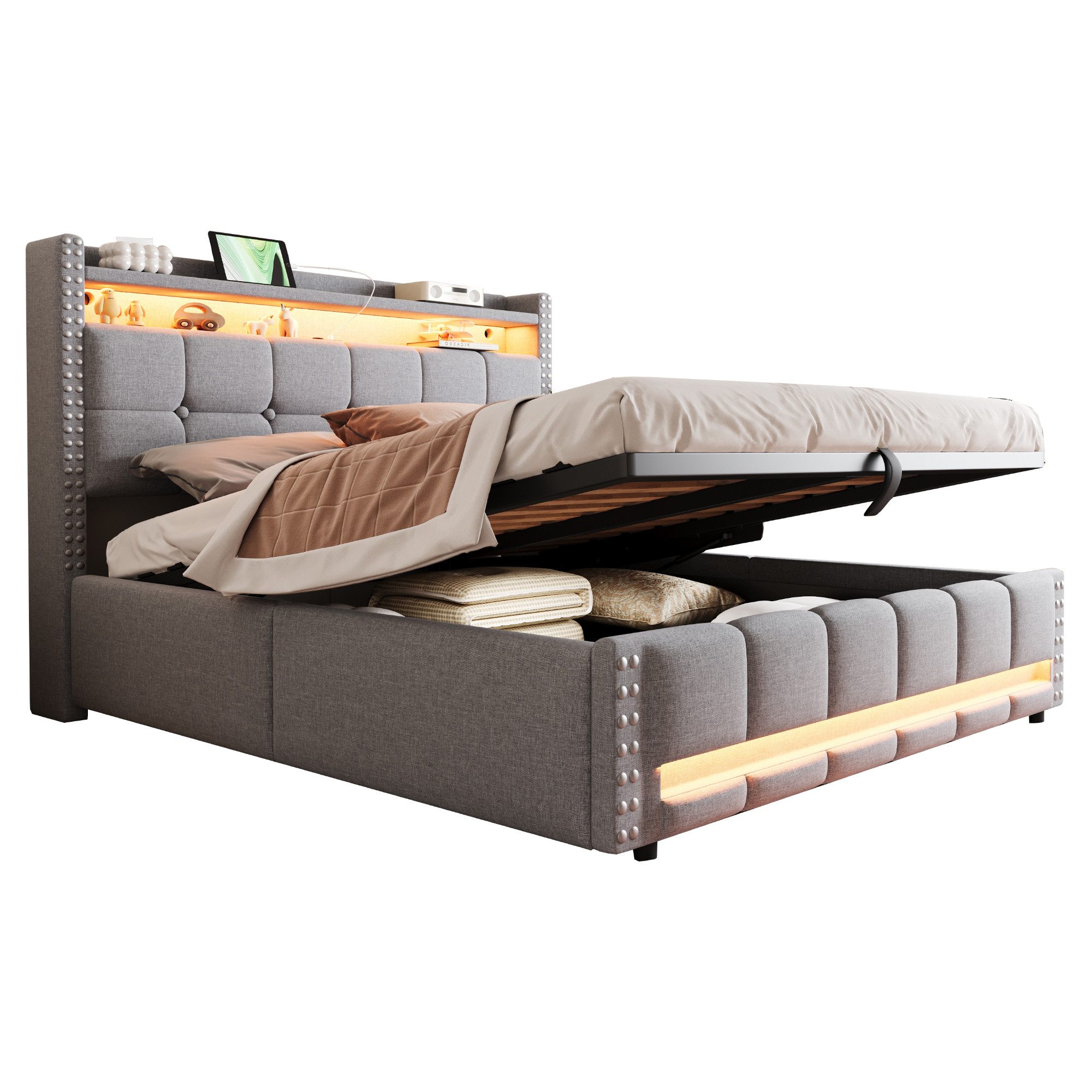 REDOM Polsterbett Stauraumbett Doppelbett (Jugendbett,mit LED-Beleuchtung, günstig online kaufen