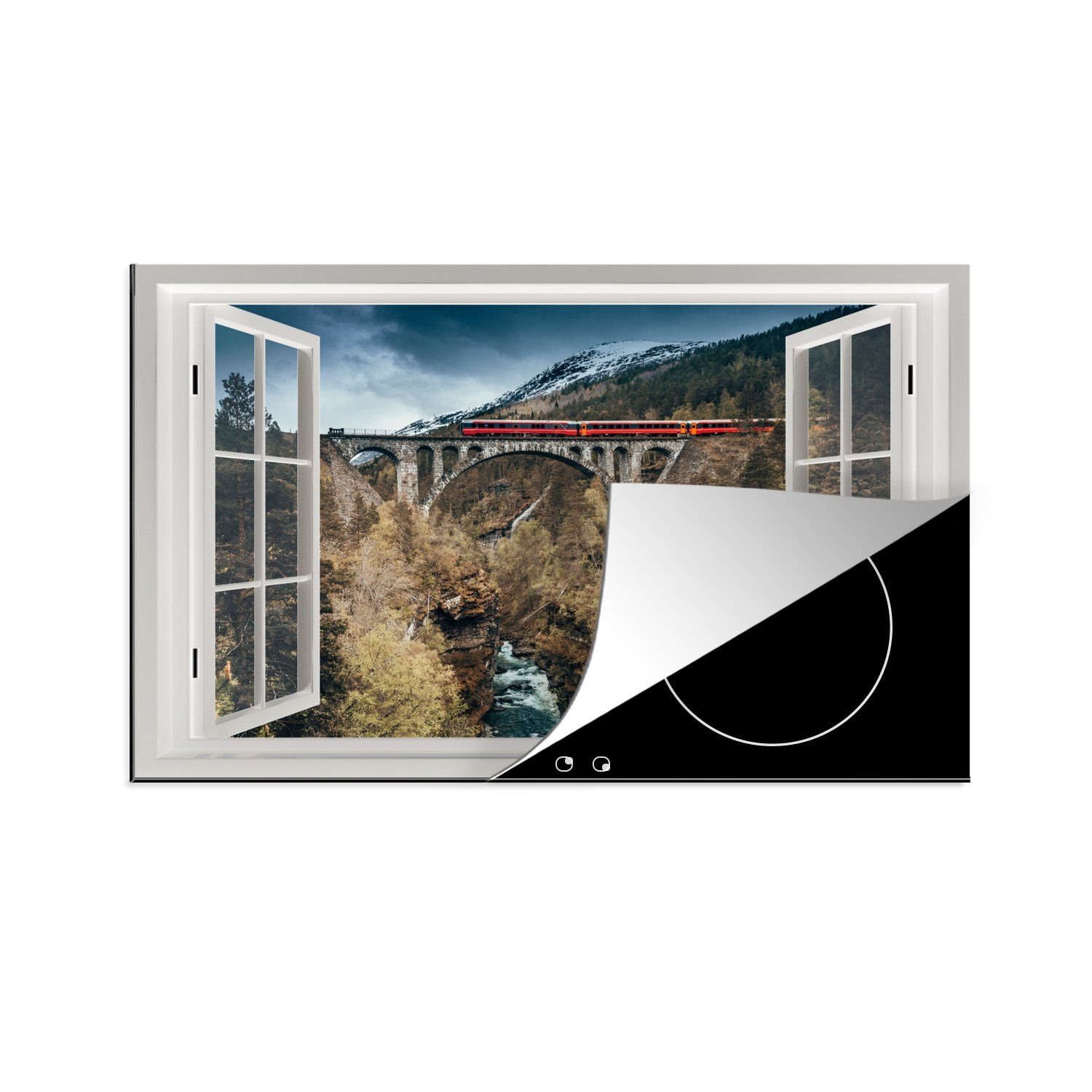 MuchoWow Herdblende-/Abdeckplatte Aussicht - Berge - Brücke, Vinyl, (1 tlg), 81x52 cm, Induktionskochfeld Schutz für die küche, Ceranfeldabdeckung