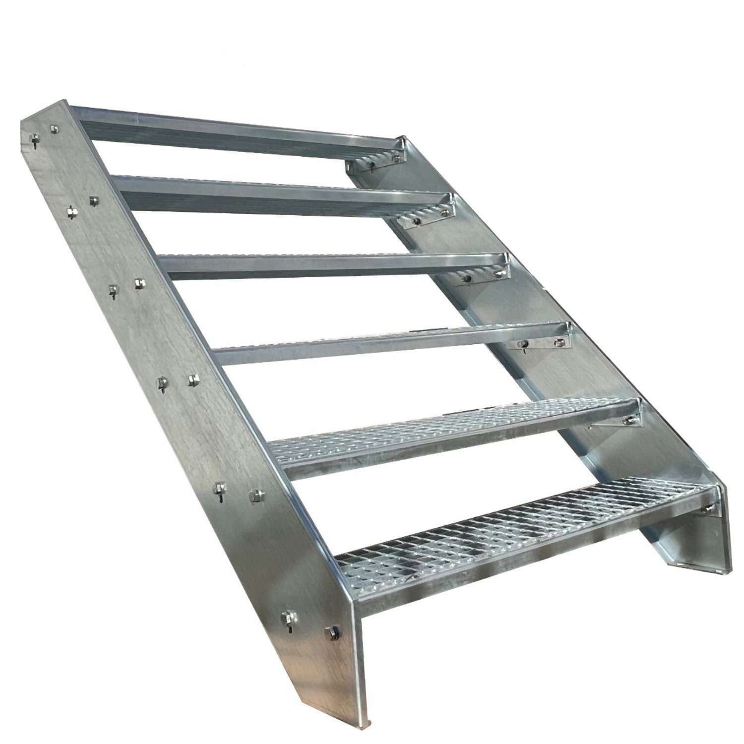 Kaminbau Mierzwa Außentreppe Premium Treppe Verzinkt mit und ohne Geländer, für Geschosshöhen bis 114.00 cm, Stufen Gitterroststufen nach DIN 24531, (Höhe 114 cm, Stufenbreite und Geländerart wählbar), Gartentreppe Stahltreppe Wetterfest Rostfrei Feuer-Verzinkt Rutschfest