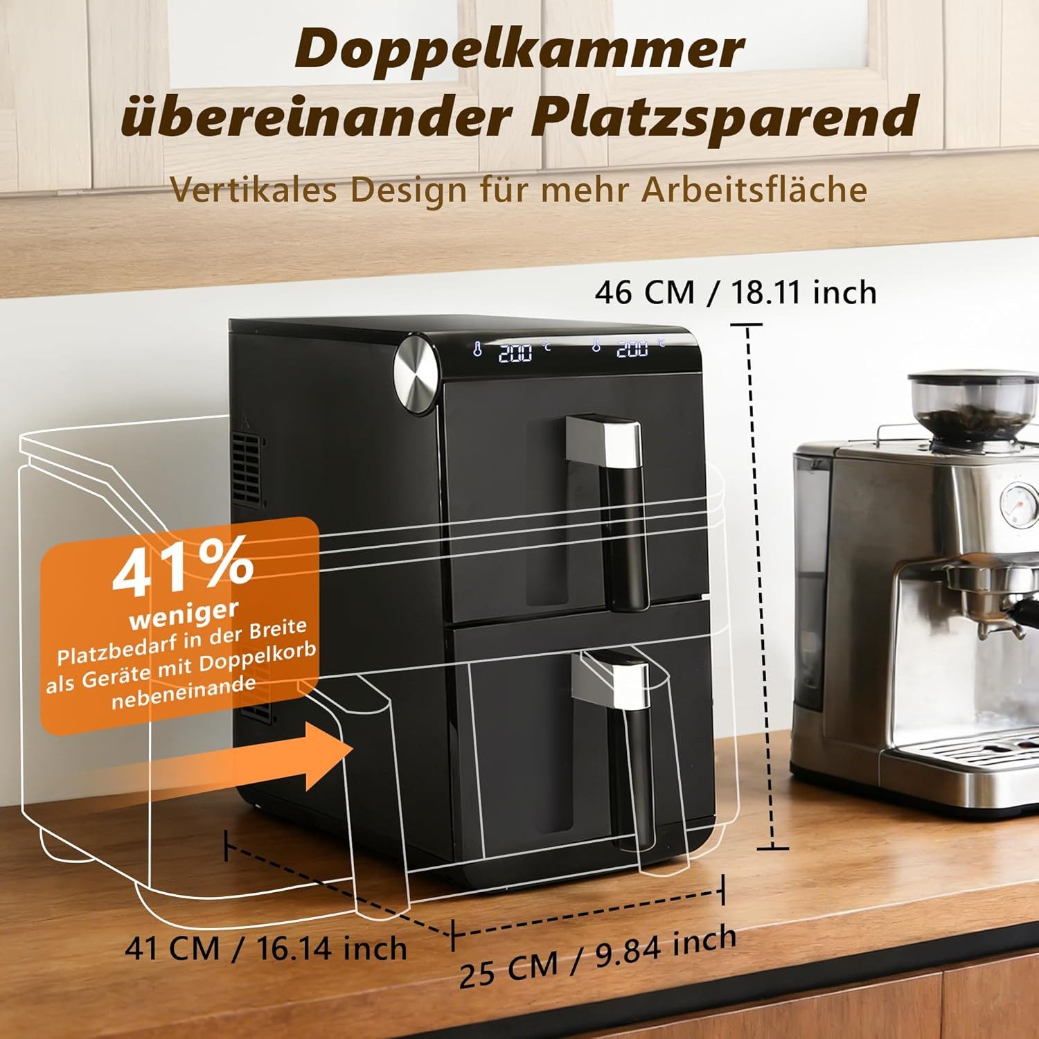 Nettlife Heißluftfritteuse Air fryer 2 unabhängigen Kammern 11L Gesamtvolumen 13-in-1 Doppelzonen-Funktion, 2800 W, Automatische Abschaltung Dual Zone Temperatu – Bild 3 von 5
