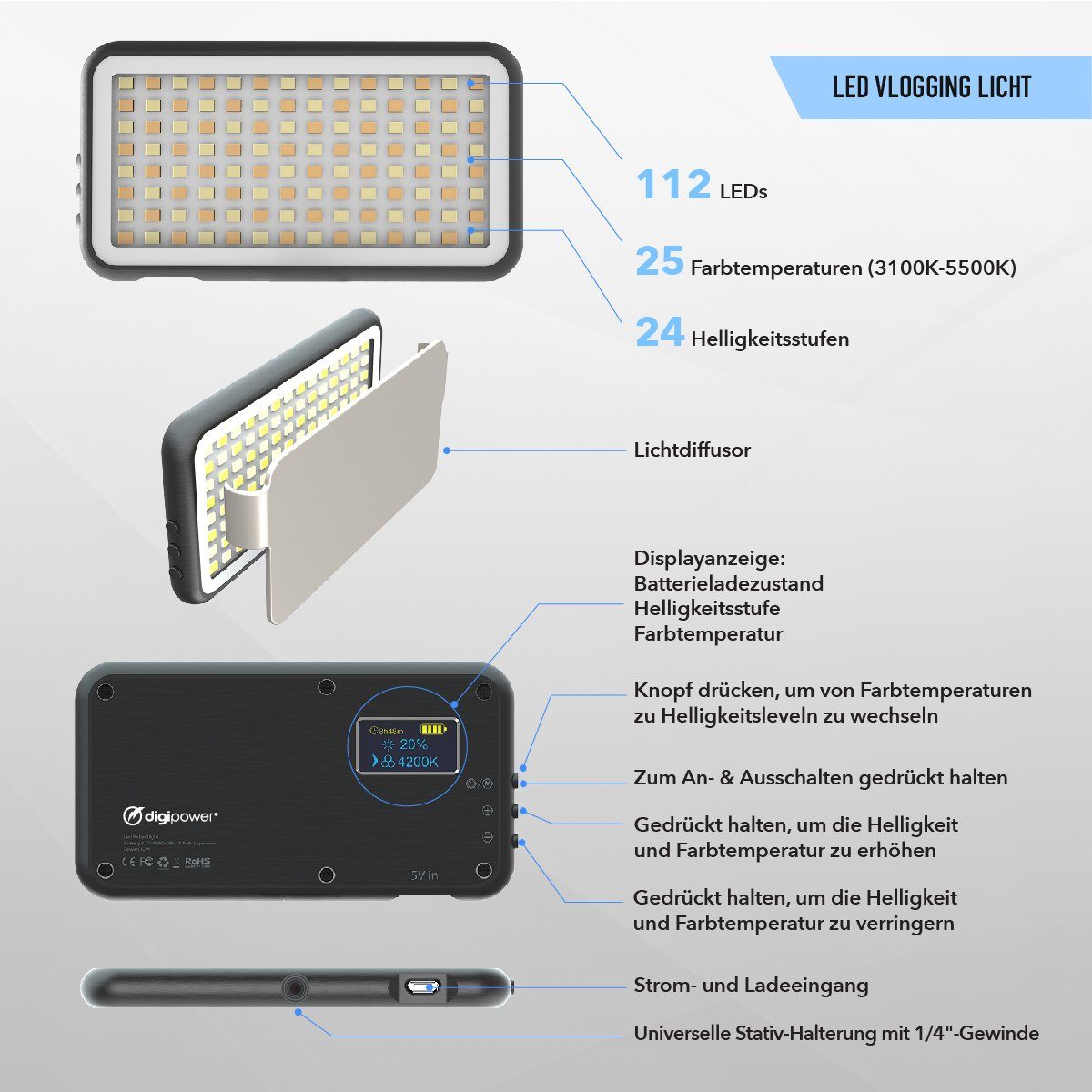 DigiPower DP-VLX100 Dreibeinstativ (24 Beleuchtungsmodi)