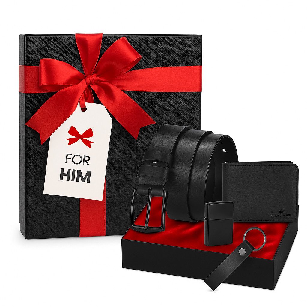 Jungengel Herrendiener Herren Geschenkset Geldbörse Gürtel Schlüsselanhänger Feuerzeug Set, (Geschenkset, 5 St., 5-teiliges Set), Edle Geschenkbox, hochwertiges Set, Ideales Männer Set