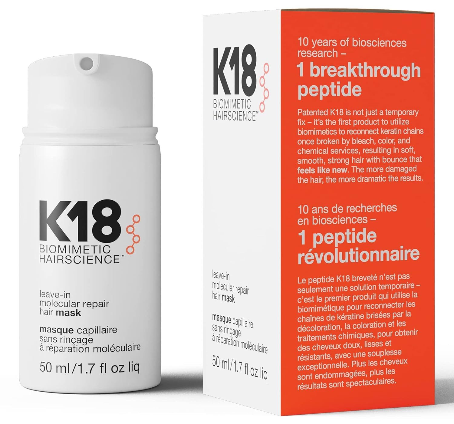K18 Haarmaske Leave-In Molecular Repair Hair Mask 50ml – Leave-in Haarmaske für, geschädigtes Haar – intensive Haarpflege bei chemisch behandeltem Haar, Hitze-Styling & mechanischer Belastung, 4 Minuten Einwirkzeit