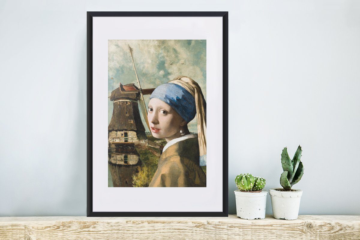 MuchoWow St), Poster, Mühle, (1 mit Rahmen, - Kunstdruck, Perlenohrring - Bilderrahmen Das mit Gerahmtes dem Schwarzem Mädchen Vermeer Johannes Poster