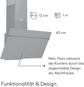 wiggo Kopffreihaube WE-A641G Dunstabzugshaube 60cm kopffrei - 1 Glas grau, Abluft Umluft Dunstabzug 650m³/h - Touch-Display - Glasfront