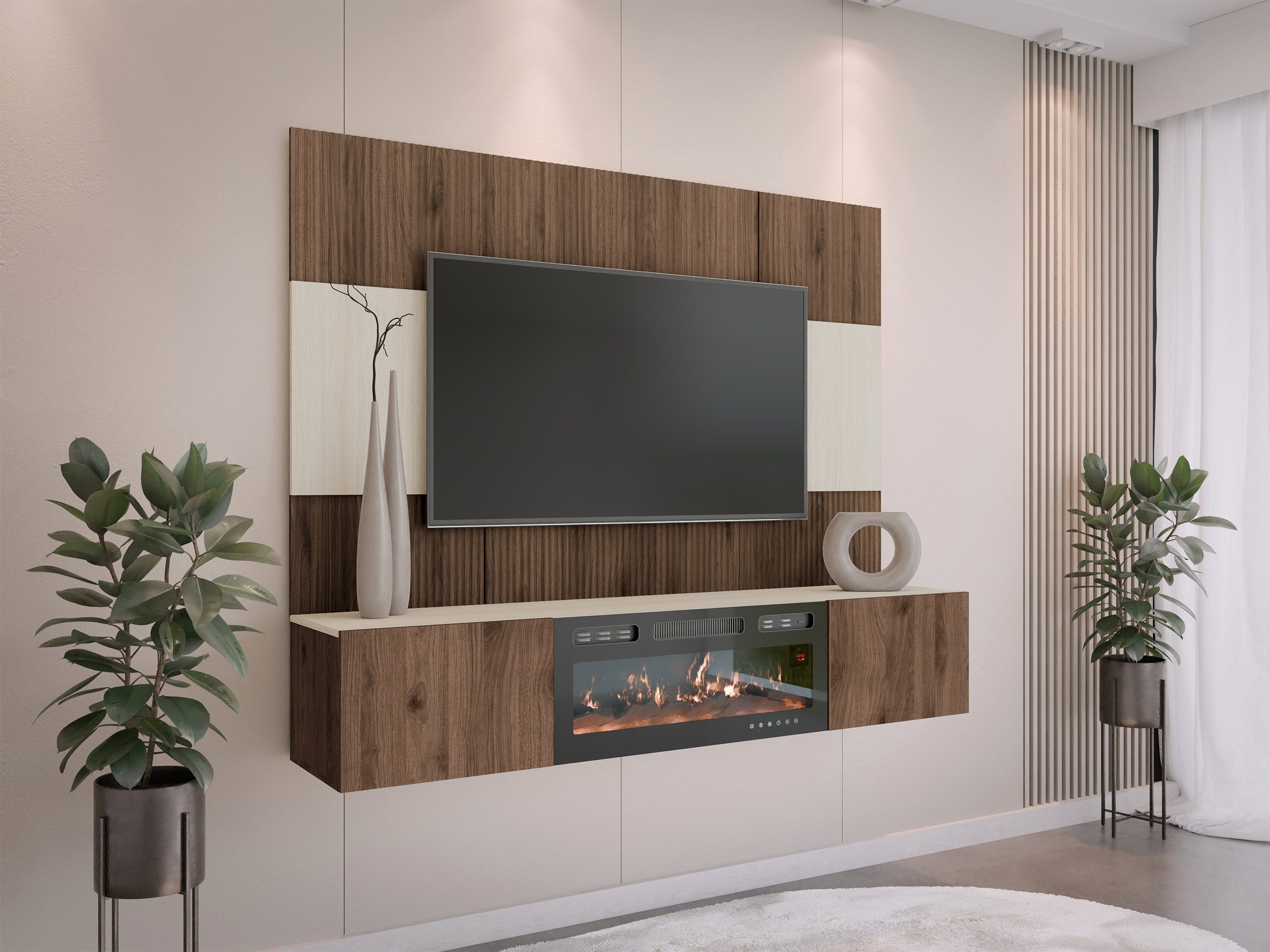 MIRJAN24 Wohnwand Deromi III mit Kamin, (2er-Set, TV-Lowboard mit Wandpaneel), Realistische LED-Flamme, Griffloses Öffnungssystem