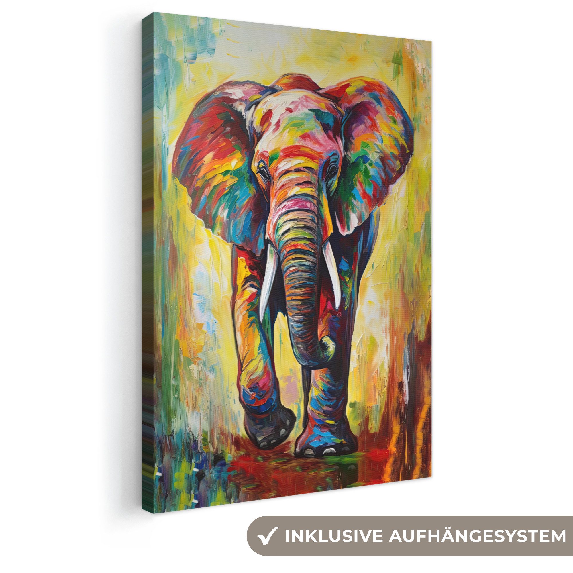 OneMillionCanvasses® Leinwandbild Elefant - Kunst - Malerei - Tiere - Regenbogen, Fotodruck (1 St), Leinwand Canvas Wandbild, Wanddekoration 20x30 cm