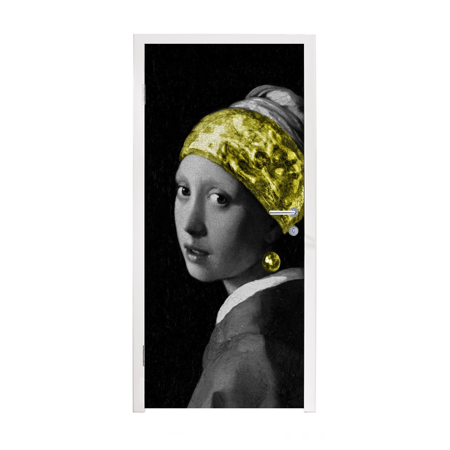 Türtapete MuchoWow Mädchen Schwarz 75x205 - mit Fototapete Türaufkleber, bedruckt, St), Gold, cm Perlenohrring für - (1 Tür, einem Matt,