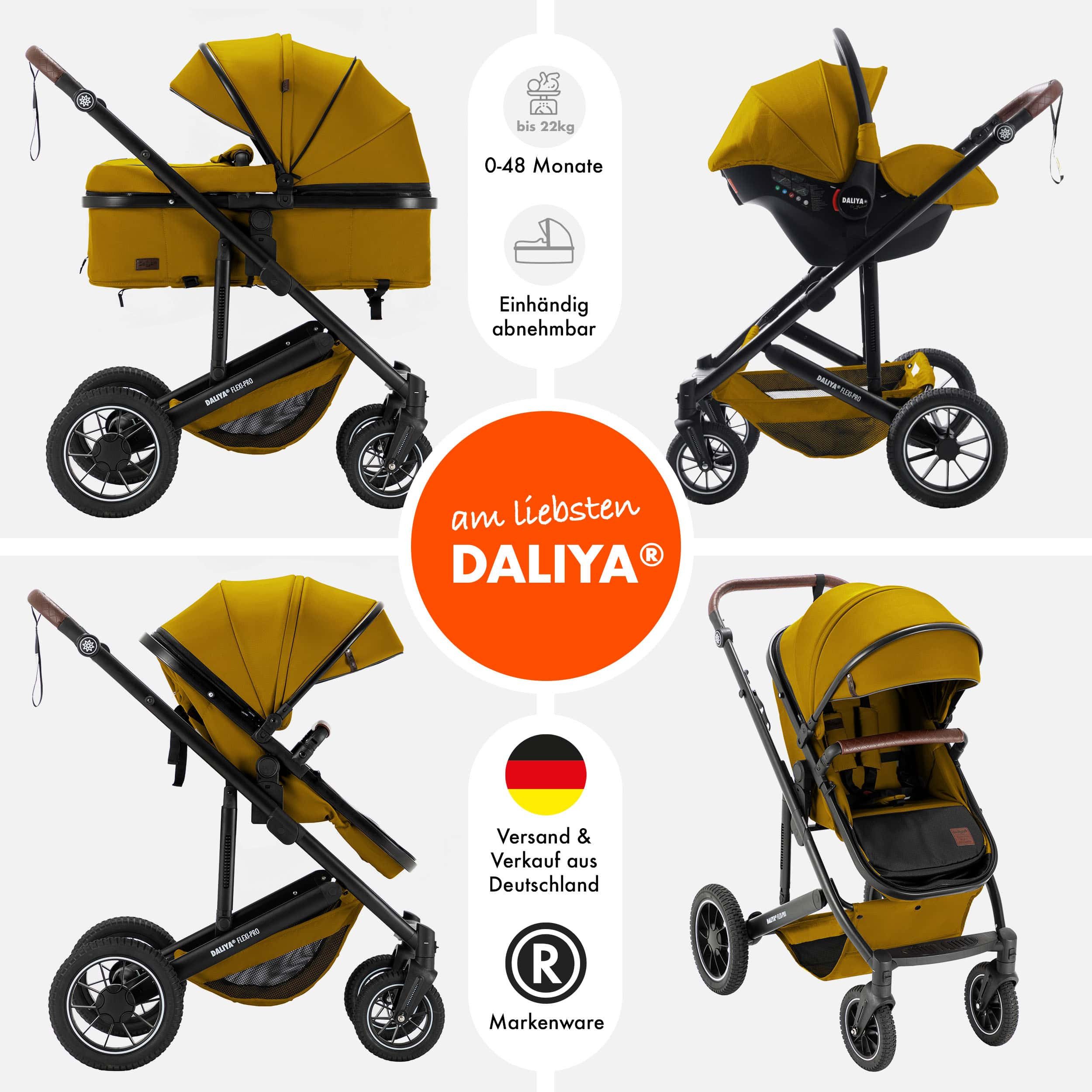 Daliya® Kombi-Kinderwagen FLEXI-PRO M 3in1 Kinderwagen & Buggy, Reisekinderwagen, XXL Set, (XXL-Set mit i-Size Babyschale, 13-tlg), Einhändig abnehmbare Wanne, i-Size Babyschale, Alu-Rahmen, Gummireifen