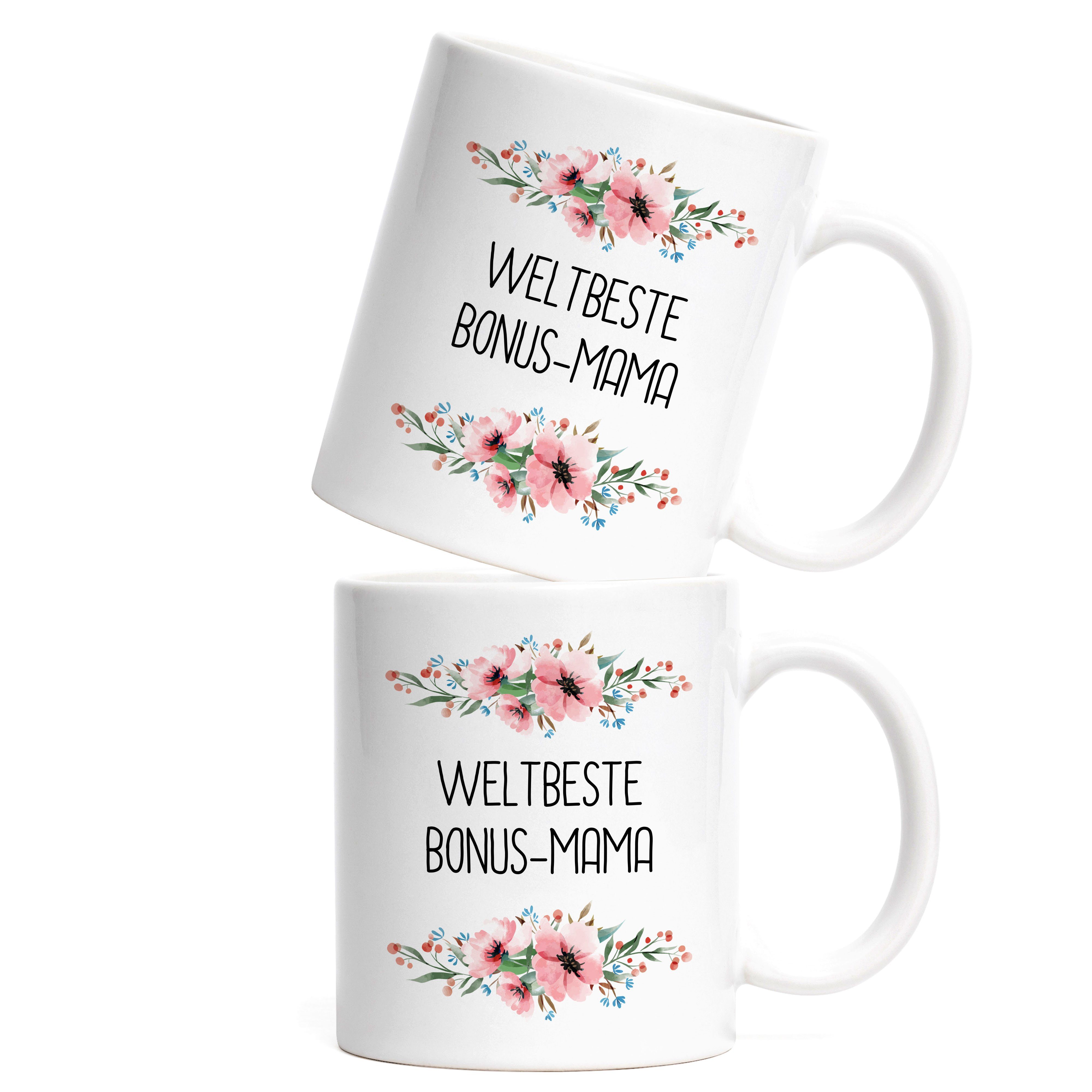 Geburtstag, Muttertag Mutterliebe Blumenmotiv Geschenkidee Bonus-Mama Tasse Hey!Print Keramik Weltbeste Weiß Tasse
