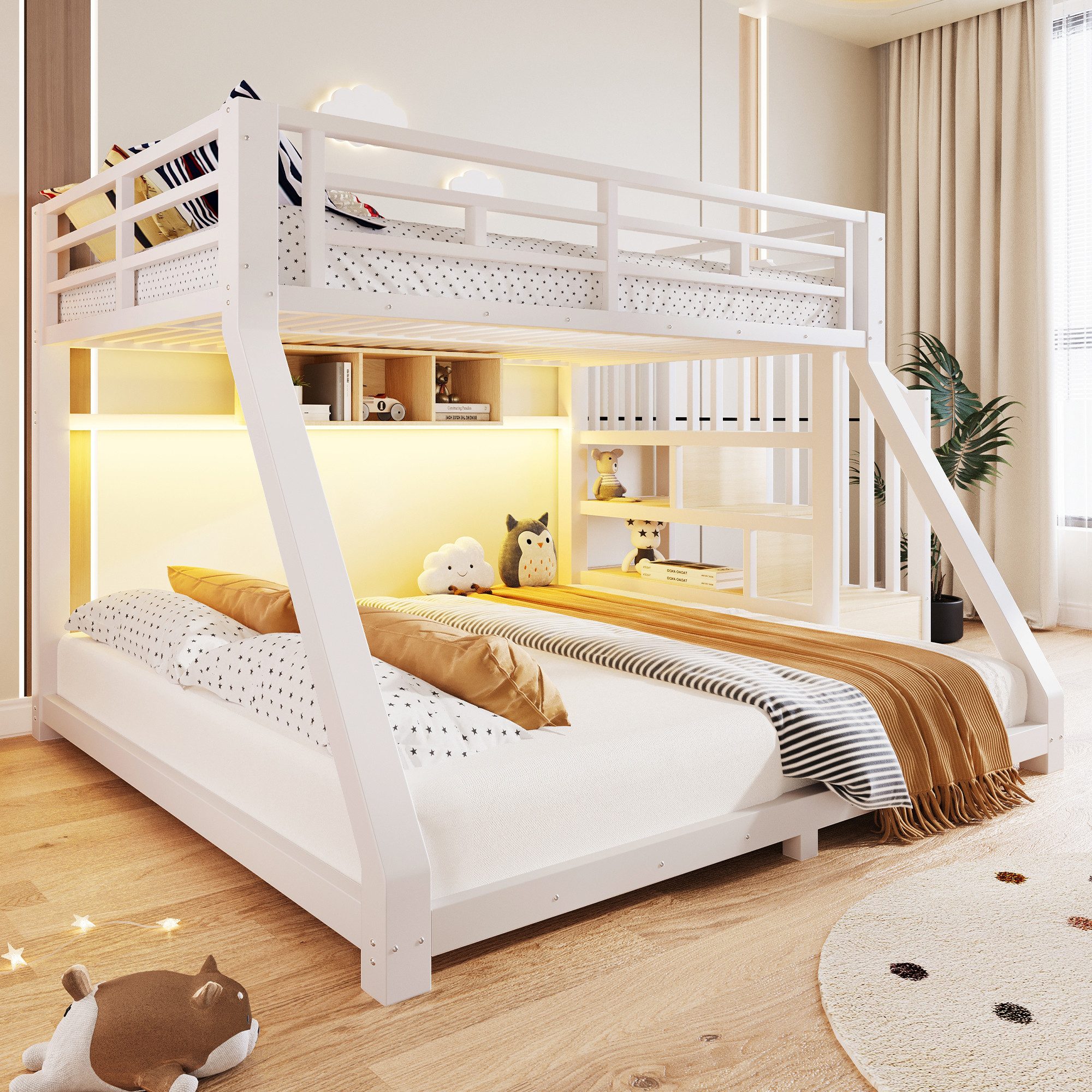 Merax Etagenbett 90x200cm/140x200cm mit LED-Beleuchtung (Kinderbett Jugendbett Stockbett, 1-St), Metallbett mit Stauraumtreppe, 3 Ablagefächern & Sicherheitsgeländer