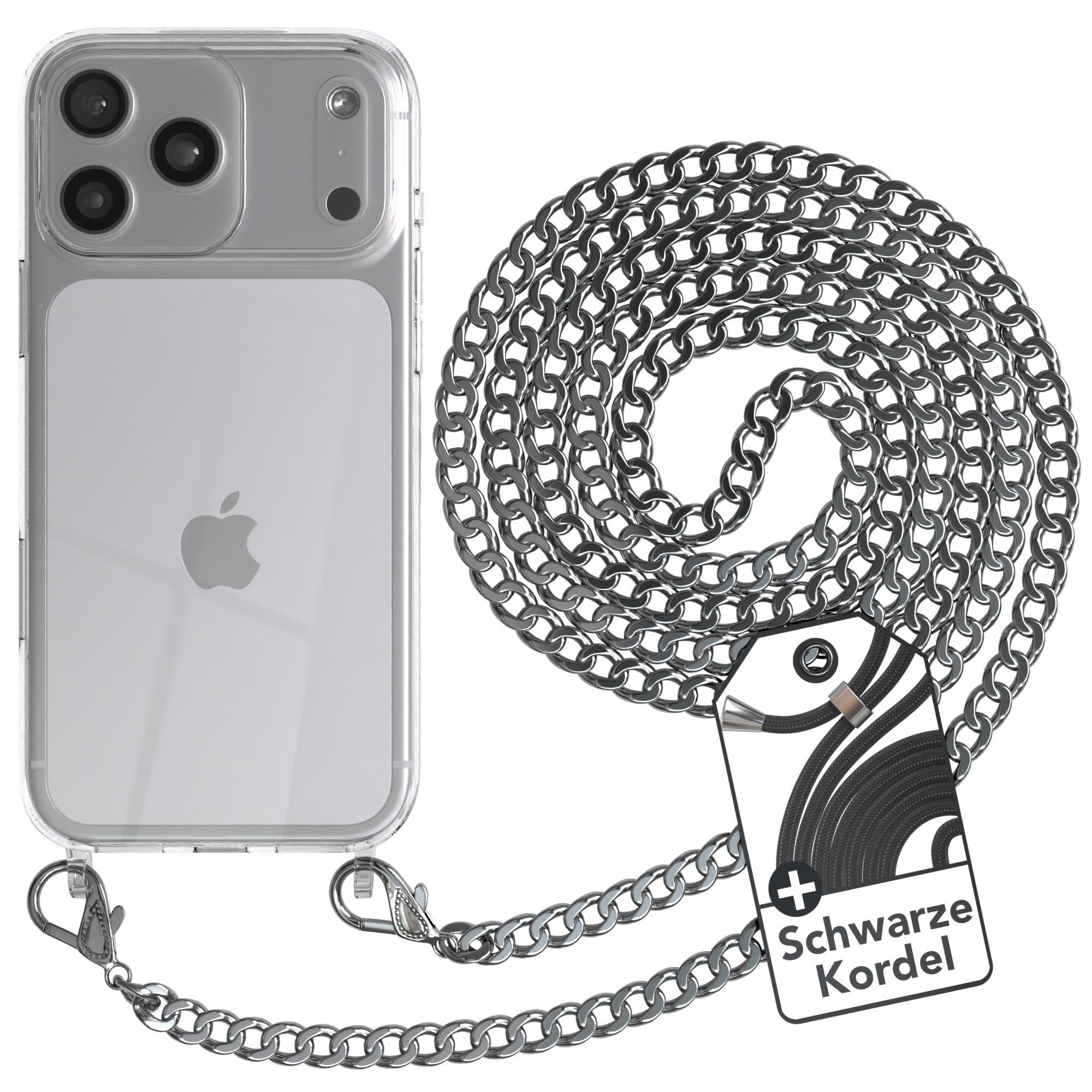 EAZY CASE Handykette 2in1 Metallkette für Apple iPhone 17 Pro Max 6,9 Zoll, Hülle mit Kette Metallkette Slimcover Handykette Umhängetasche Silber