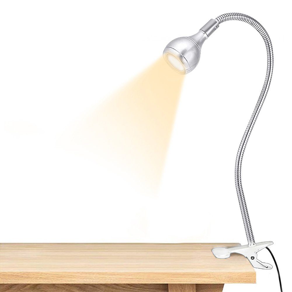 Rosnek LED Klemmtischleuchte Silber Clip-on LED-Leselicht, Weiße, Warmweißes USB, Schwanenhals Augenschutz, flexibel 360° Weiß, Licht, Schreibtischlampe, Warmes