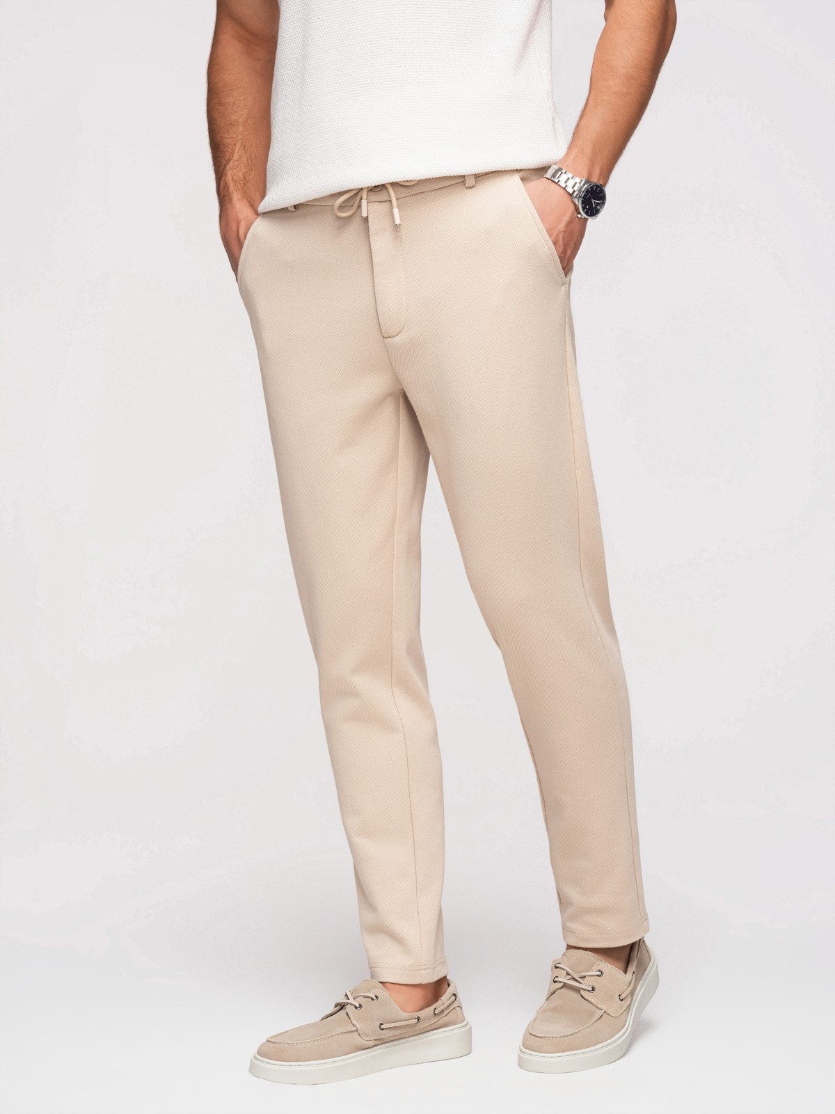 Chinos Herren Carrot-Fit Chino mit Jacquard-Muster Beige XXL