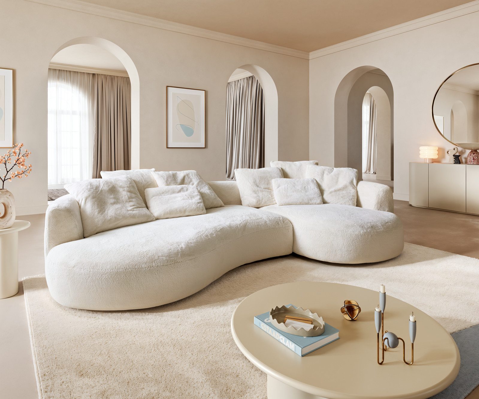 DELIFE Big-Sofa Edina, Plüsch Creme-Weiß 330x170 cm